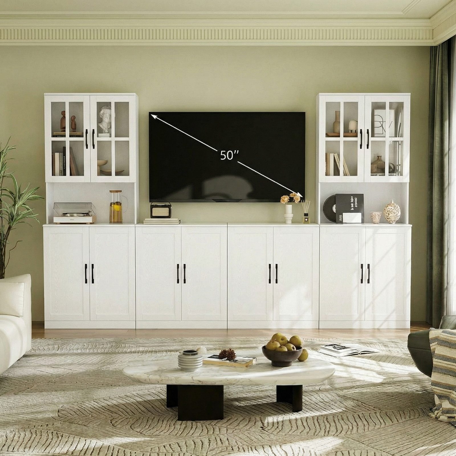 VOWNER TV-Schrank Modularer Wohnzimmerschrank mit Glastüren & Bücherregalen (4-St) 4-teiliger Fernsehschrank für TV bis 50 Zoll, 240 x 180 x 40 cm