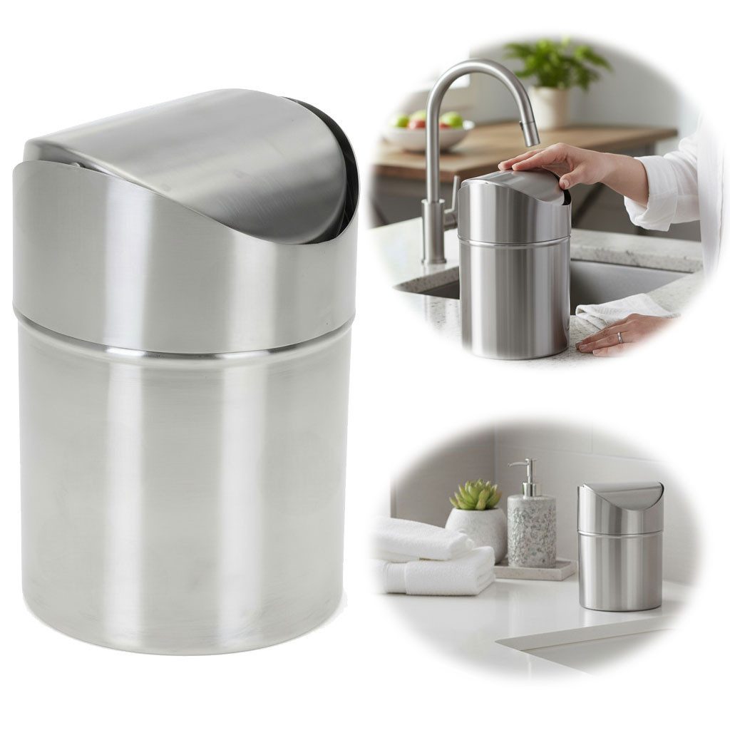 LS-LebenStil Kosmetikeimer Edelstahl Mini Papierkorb Mülleimer 12x16cm Silber mit Schwing-Deckel, Abfalleimer mit Deckel für Küche Bad Mini klein Tisch Mülleimer