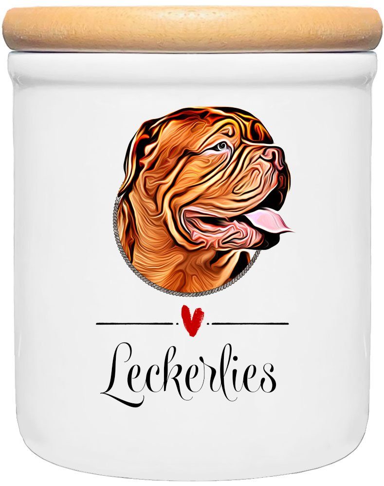 Cadouri Vorratsdose BORDEAUX DOGGE - Leckerlidose Hund - für Hundekekse, Keramik, (Leckerlidose mit Hunderasse, 2-tlg., 1x Keramikdose mit Holzdeckel), Hundekeksdose, handgefertigt in Deutschland, für Hundebesitzer, 400 ml