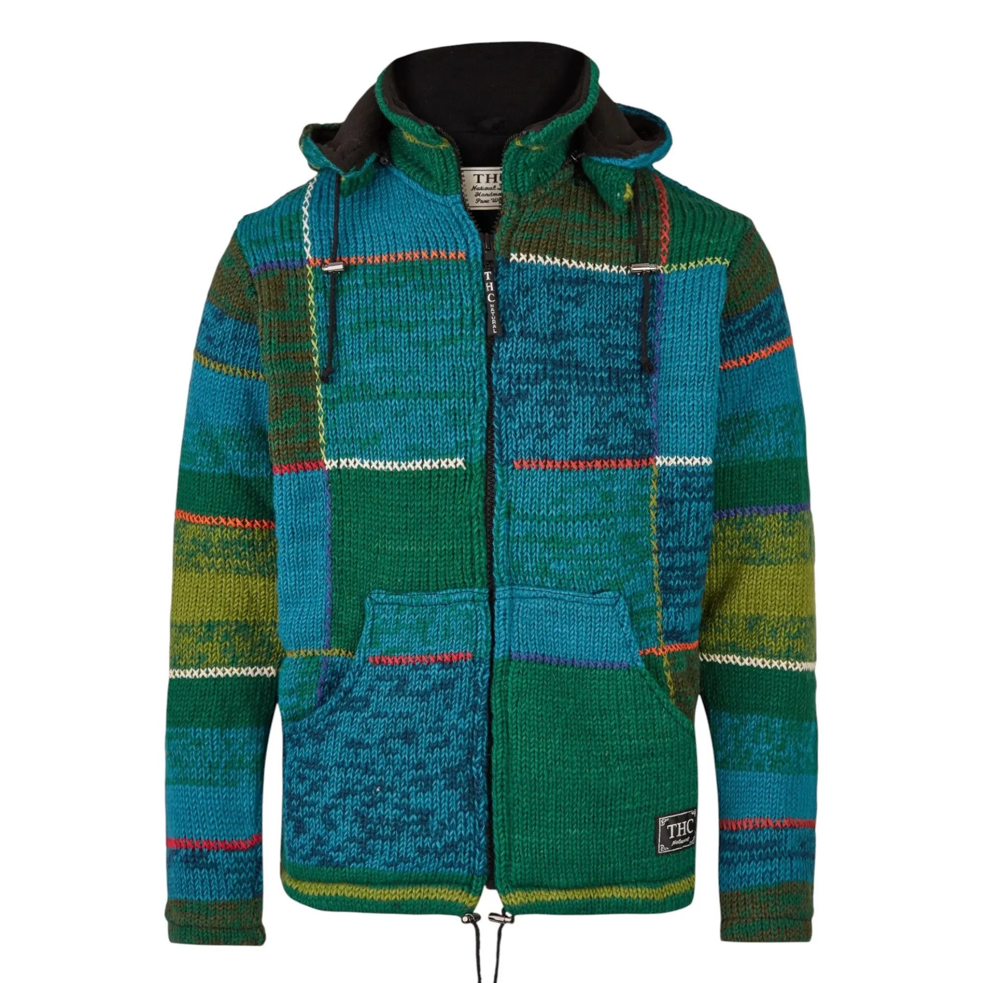 THC Natural Line Strickjacke THC Strickjacke 826 Quadrate grün blau (1 Stück, 1-tlg., 1 Stück) Strickjacke mit abnehmbarer Kapuze
