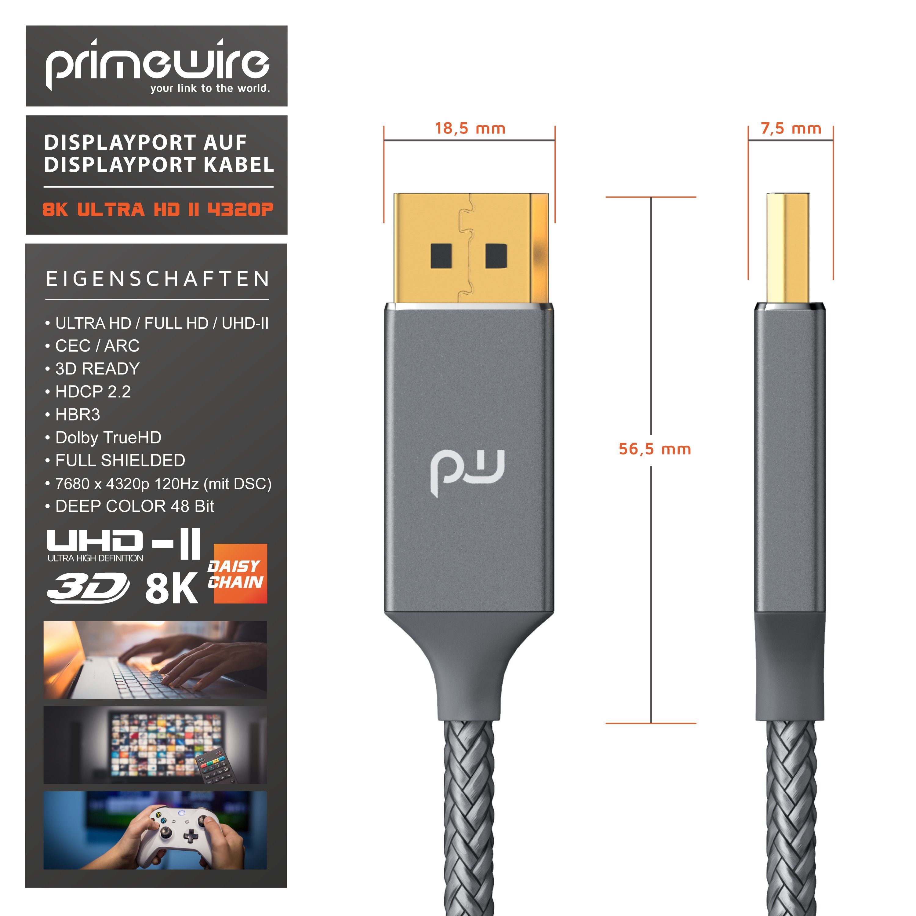 Primewire Audio- & Video-Kabel, DisplayPort, 1.4 (100 cm), DP Kabel mit Nylonummantelung 8K 7680 x 4320 @ 60 Hz mit DSC - 1m