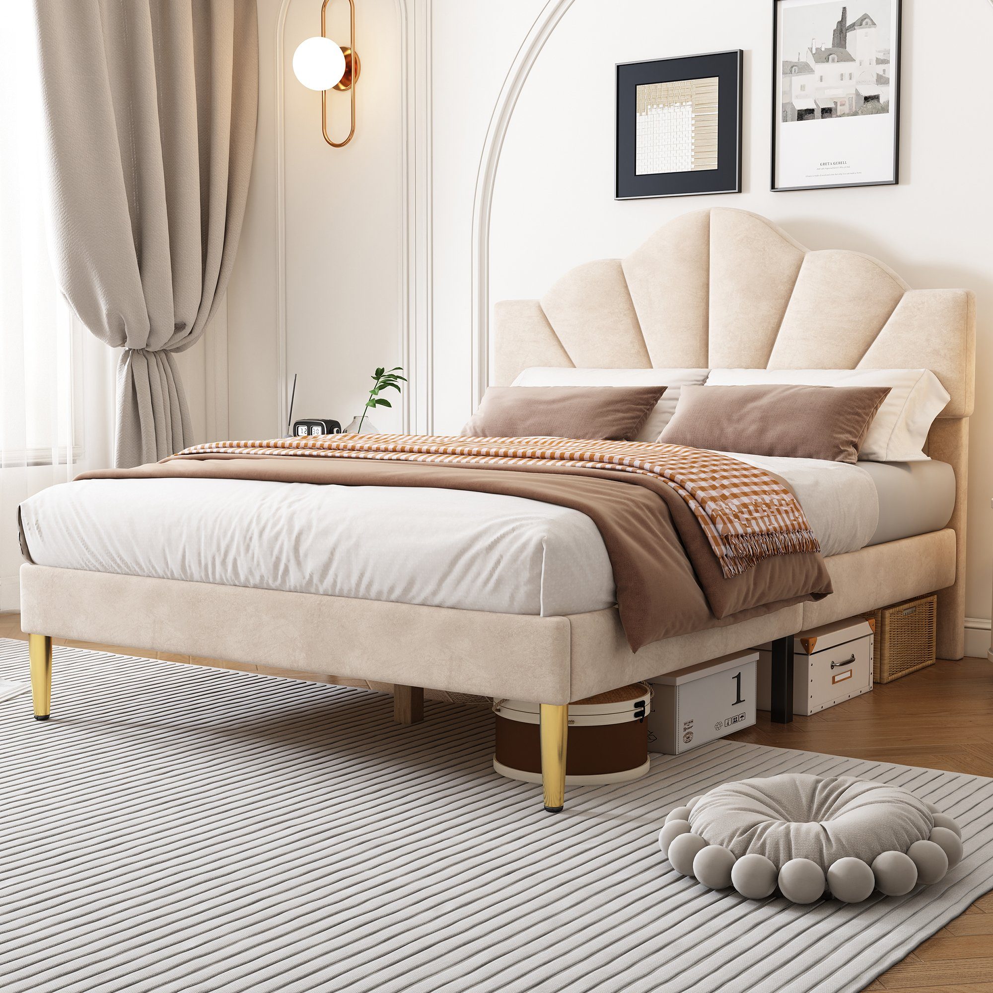 OKWISH Polsterbett muschelartiges Bett (140 X 200 CM Ohne Matratze), Höhenverstellbares Kopfteil,Bett mit goldenen Eisenbeinen Beige
