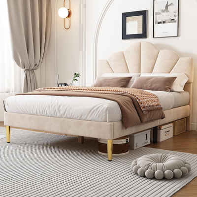OKWISH Polsterbett muschelartiges Bett (140 X 200 CM Ohne Matratze), Höhenverstellbares Kopfteil,Bett mit goldenen Eisenbeinen