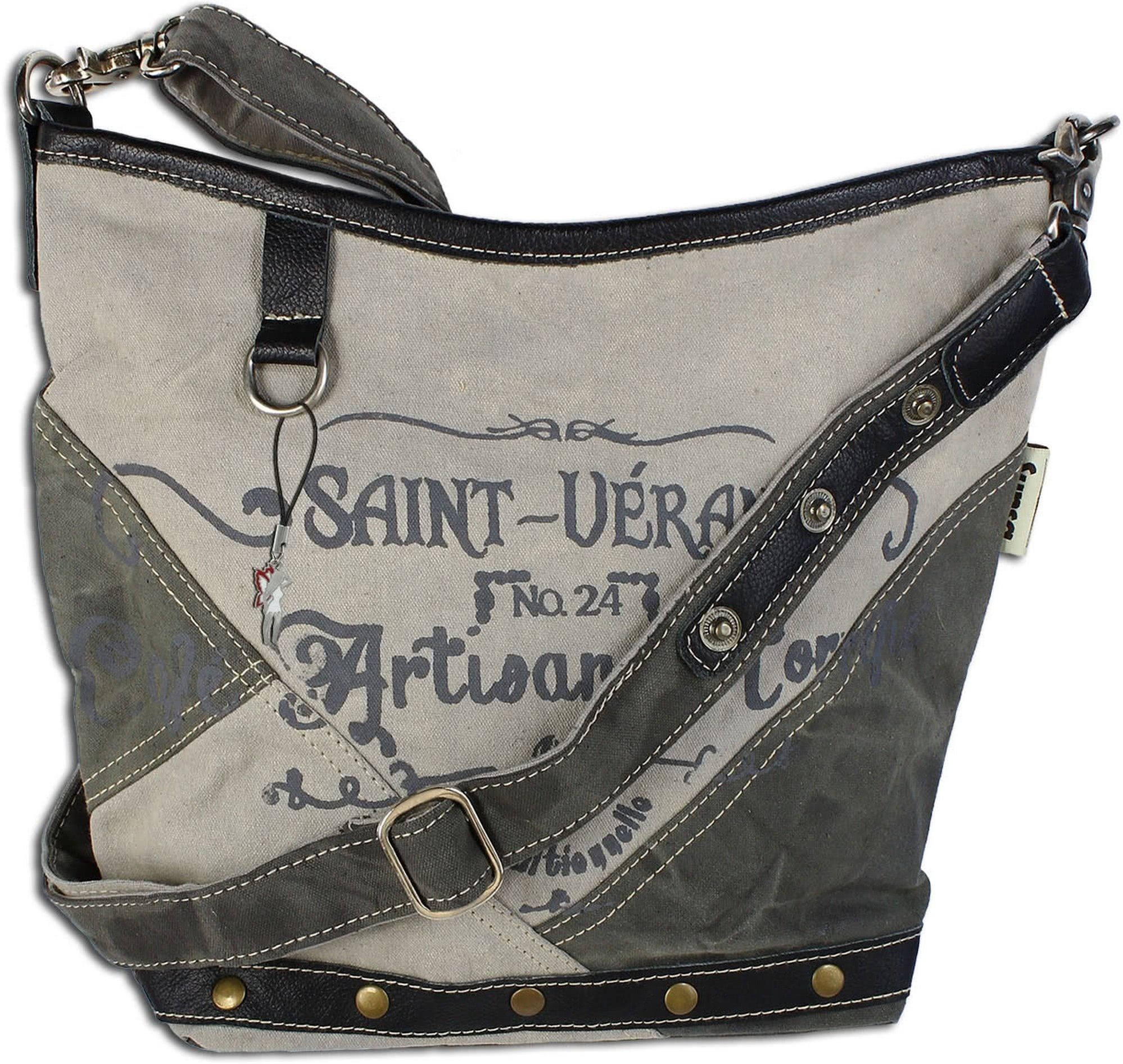 Sunsa Schultertasche Sunsa Vintage Upcycle Umhängetasche (Schultertasche), Damen, Jugend Umhängetasche, Schultertasche Canvas, Leder, grau ca. 34