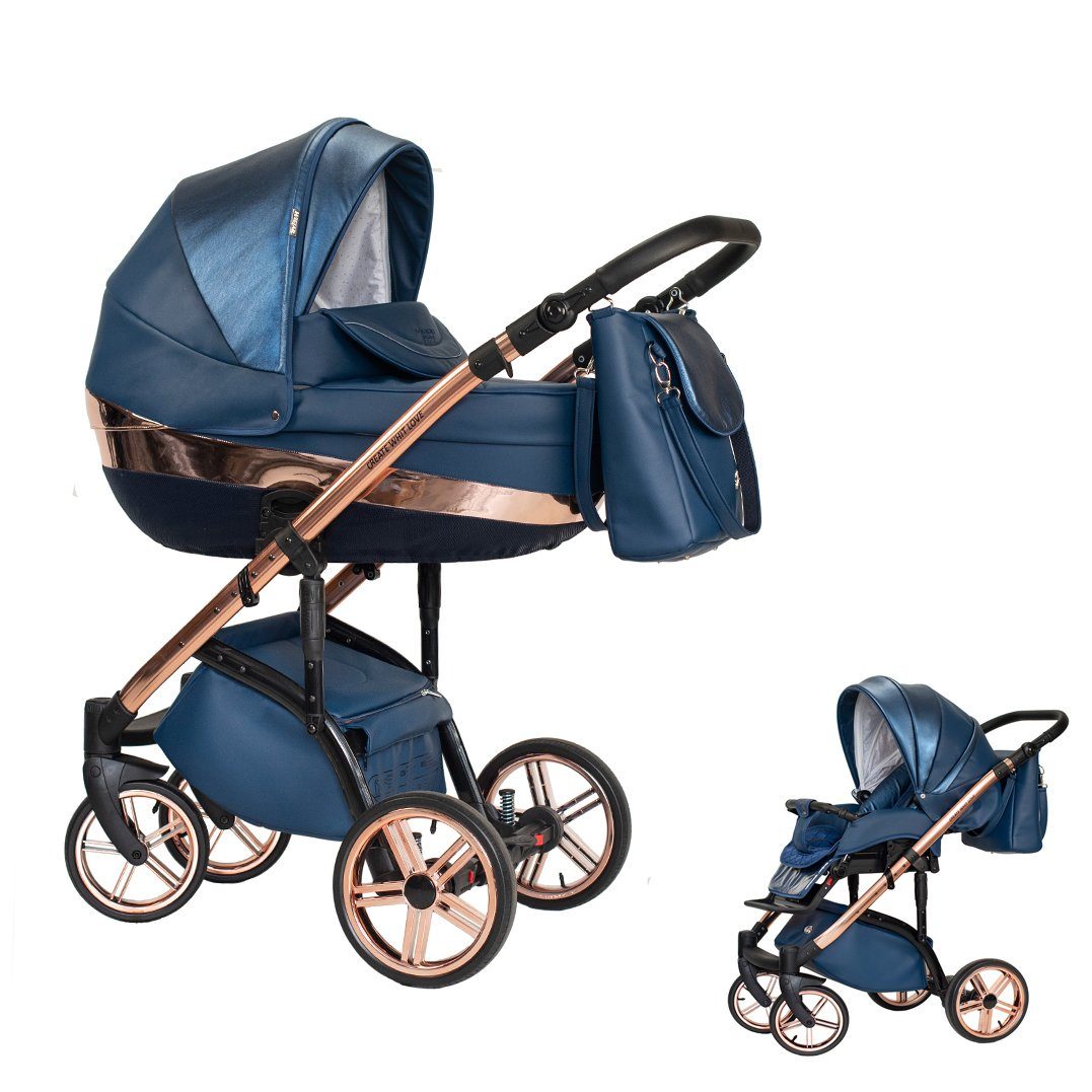 babies-on-wheels Kombi-Kinderwagen 2 in 1 Kinderwagen-Set Vip Lux - 11 Teile - in 16 Farben Blau-Kupfer | Kombikinderwagen