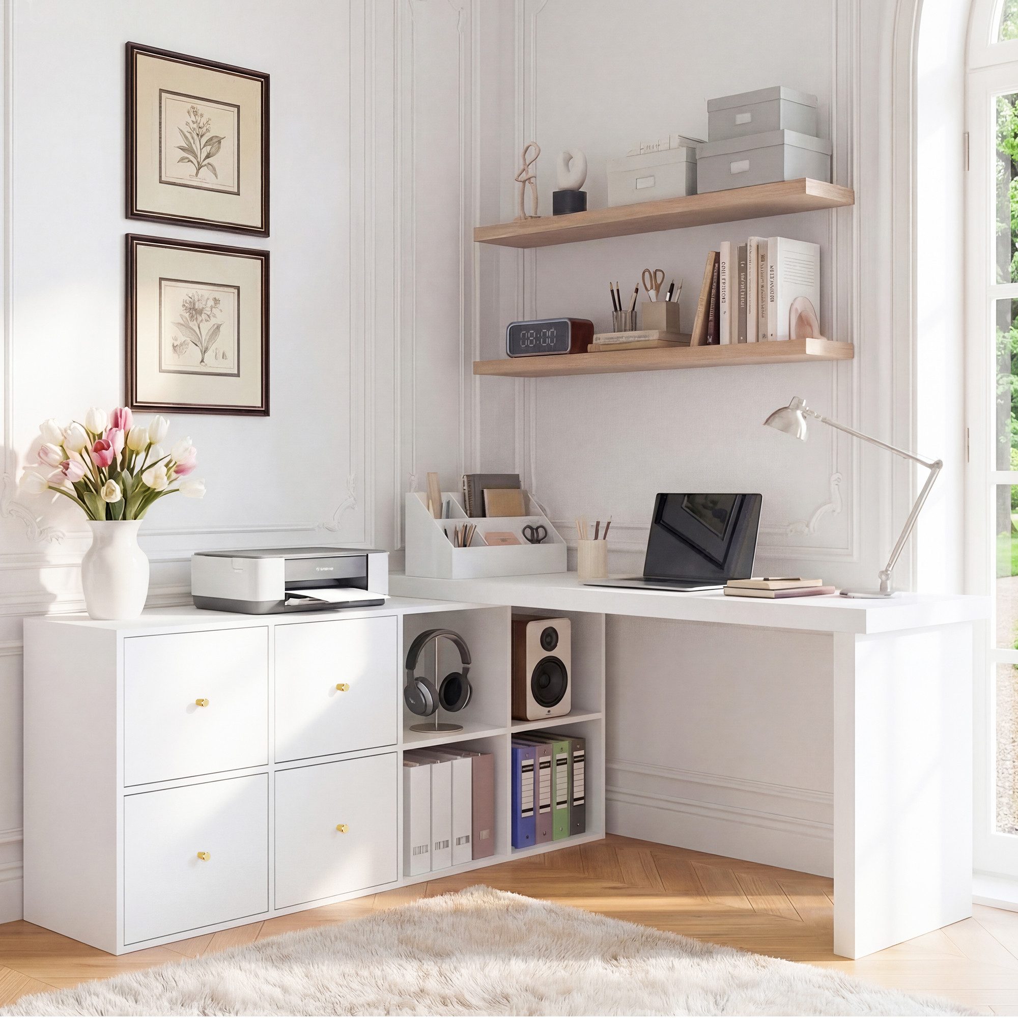 Merax Schreibtisch 360° drehbarer L-förmiger Bürotisch Arbeitstisch (1-St., Schreibtisch 120×48×78 cm/Sideboard 140×35×74 cm), Eckschreibtisch mit Sideboard, 8 Fächer, 4 Schubladen & Kippsicherung