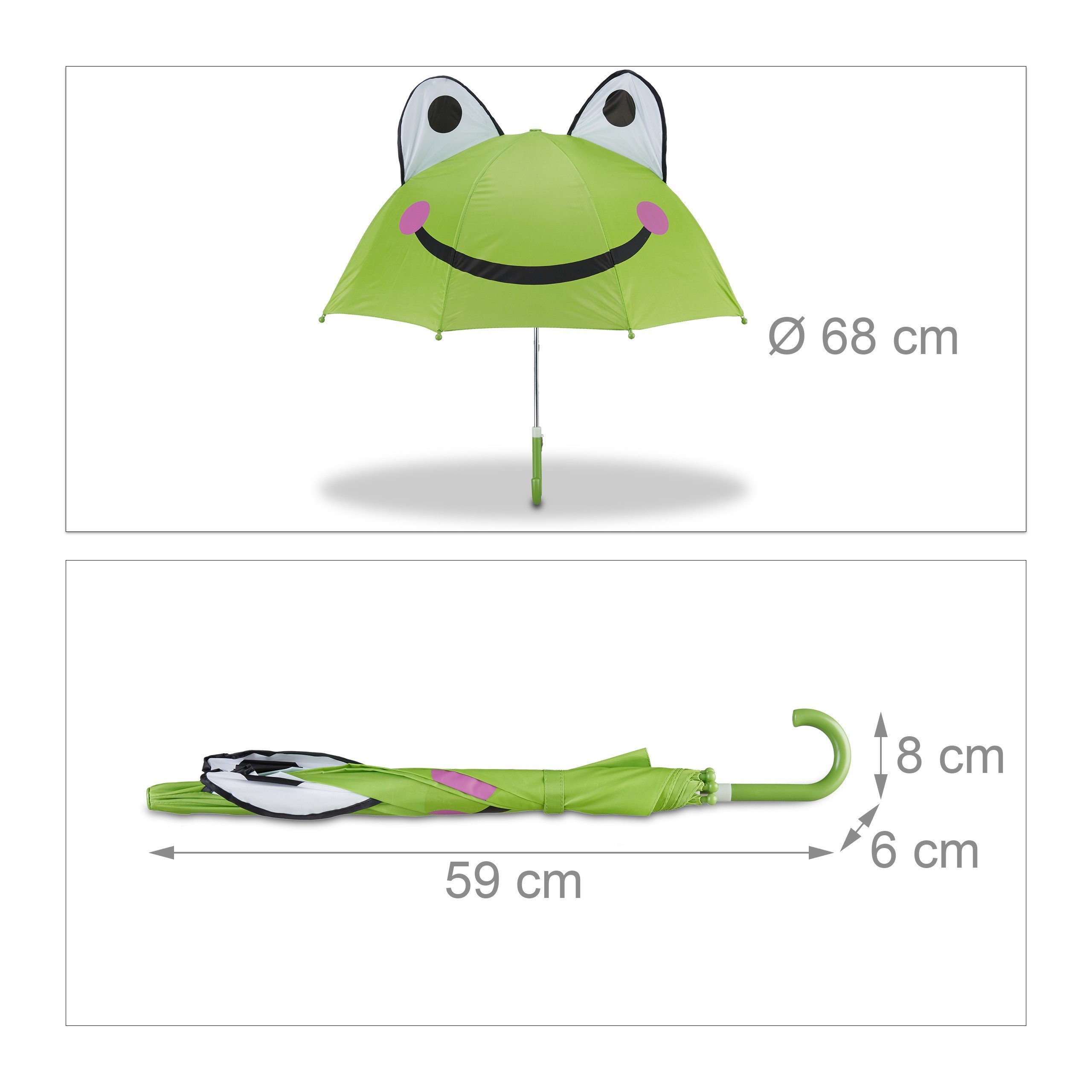 3D Weiß Grün Frosch mit Motiv, Stockregenschirm Kinderregenschirm Schwarz relaxdays