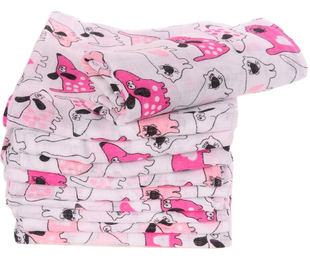 La Bortini Stoffwindeln Spucktücher Baby Mullwindeln in Pink mit Hunde Muster 10er Pack, aus reiner Baumwolle, große Packung, in weiß pink