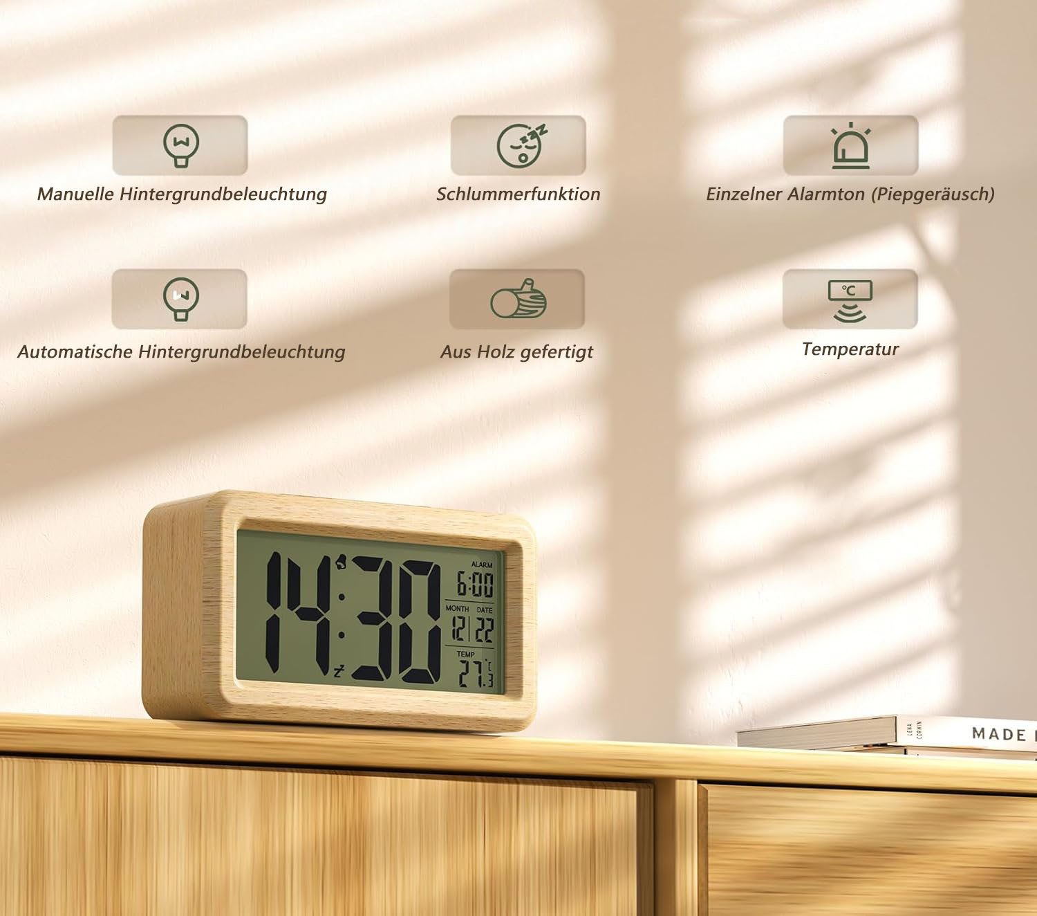 Coonoor Wecker Digital-Holz-Wecker mit LCD-Display, Lichtsensor und Schlumm günstig online kaufen
