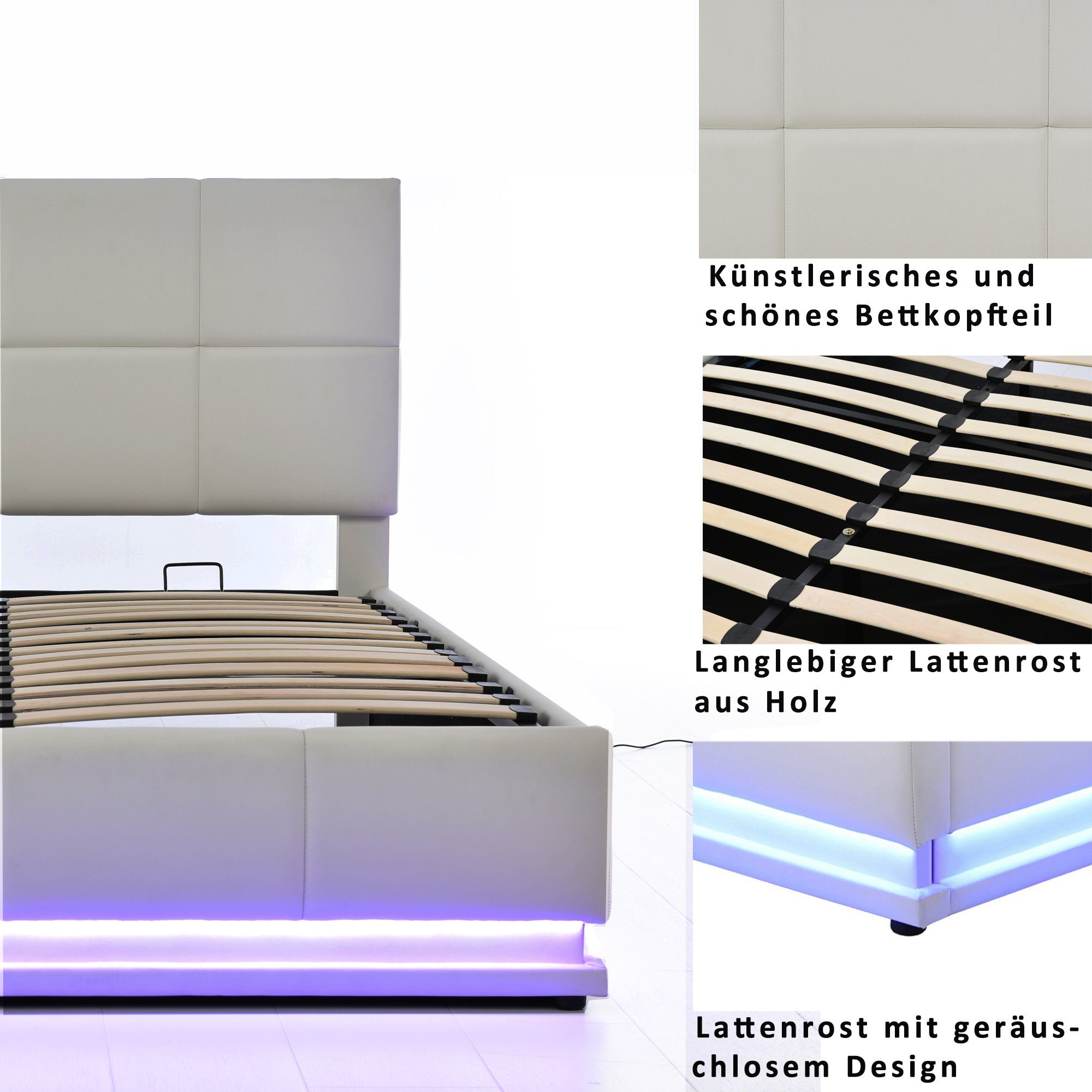 Doppelbett Polsterbett, Hellgrau Kunstleder LED hydraulisches 140x200cm Flieks