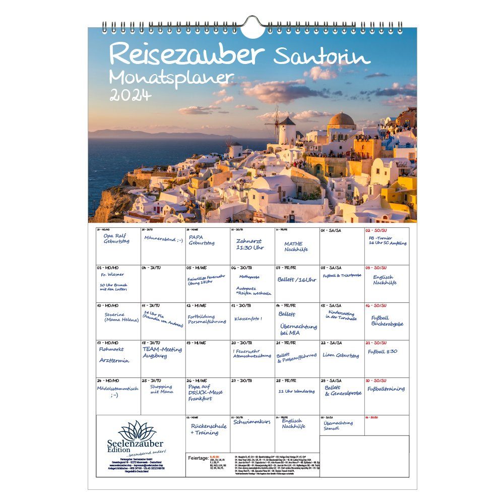 Seelenzauber Wandkalender Reisezauber Santorin Planer DIN A3 Kalender für 2024 Fira Griechenland