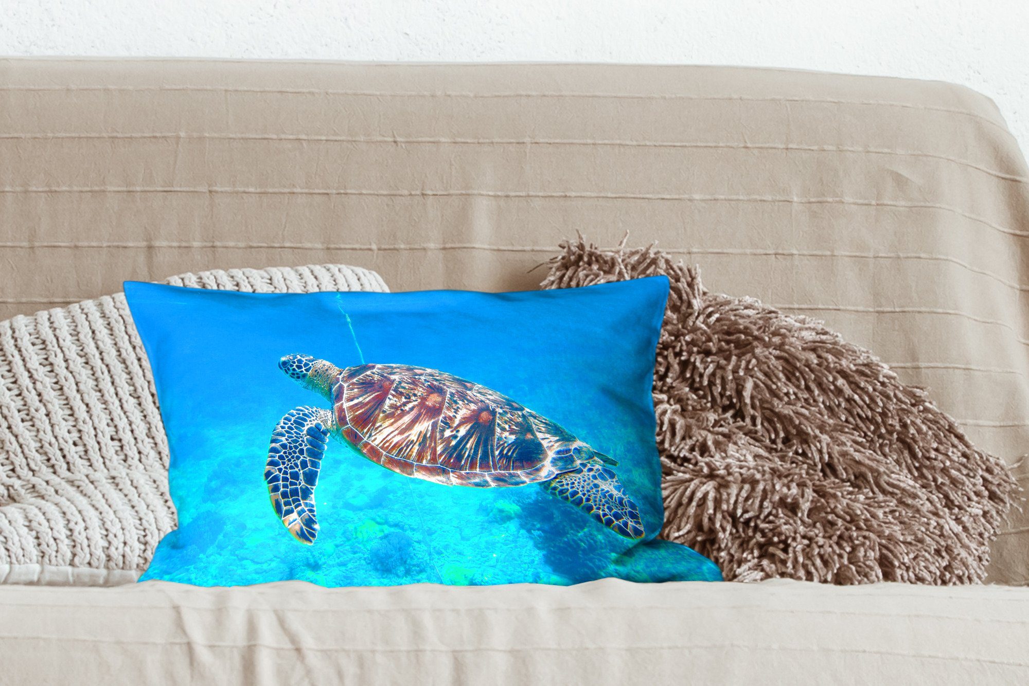 MuchoWow Dekokissen Schildkröte - mit Zierkissen, - Dekokissen Schlafzimmer Blau, Füllung, Meer Dekoration, Wohzimmer