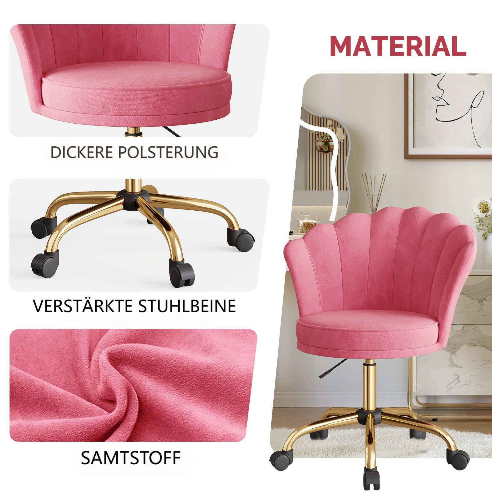 HawthyHome Bürostuhl Schreibtischstuhl mit Blütenrückenlehne, drehbar und höhenverstellbar (1 St), Samtbezug mit Kopfkissen, ergonomischer Stuhl – Bild 5 von 5