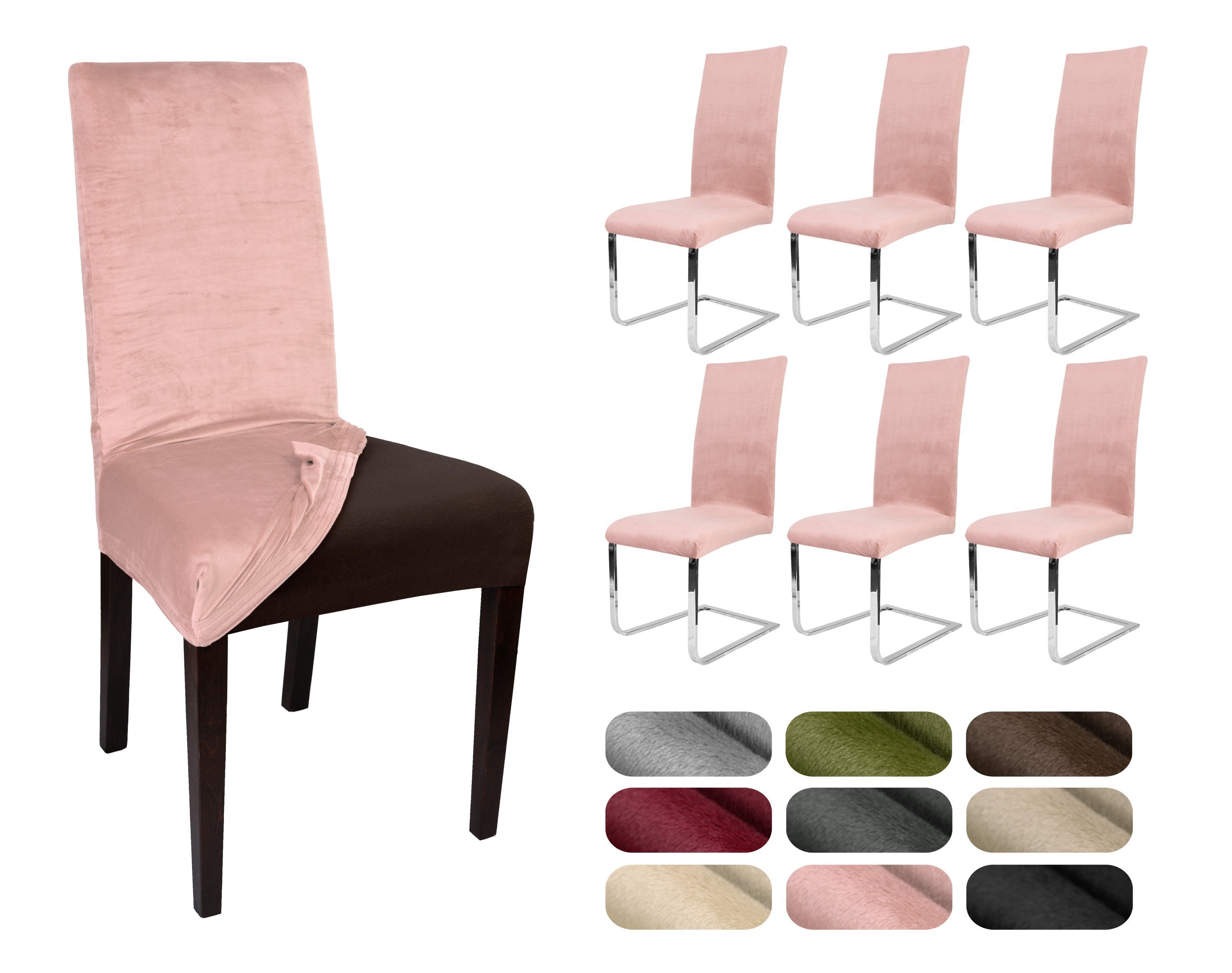 Beautex Stuhlhusse 6er Set LEA Stuhlhusse, elastische Uni Stretch-Husse Samt Mikrofaser