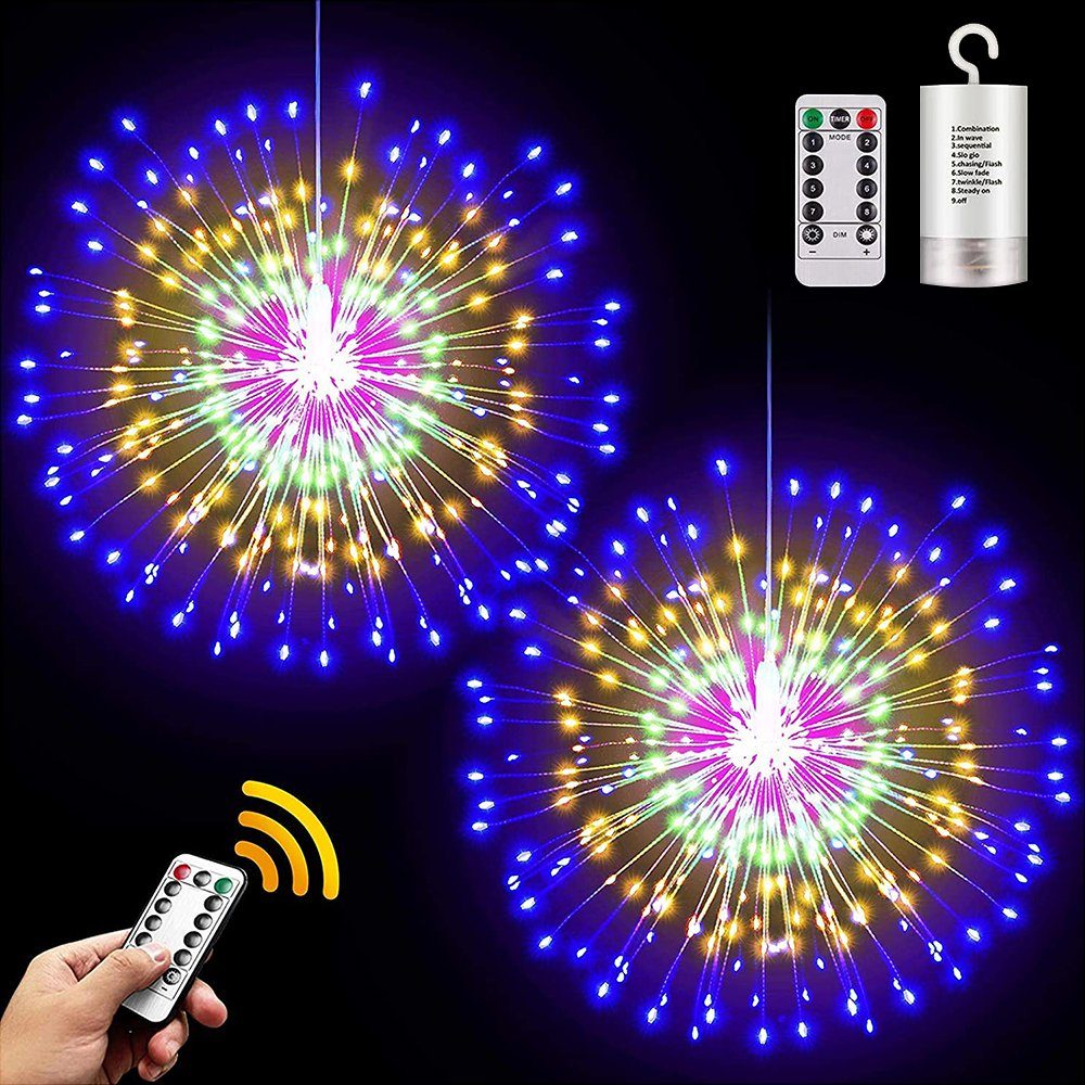 Sunicol LED-Lichterkette Feuerwerk 200 LED Lichter,8 Modi, Hängende Starburst, Batterie, mit Fernbedienung, Wasserdicht Weihnachtsdeko für Außen Innen Party Mehrfarbig