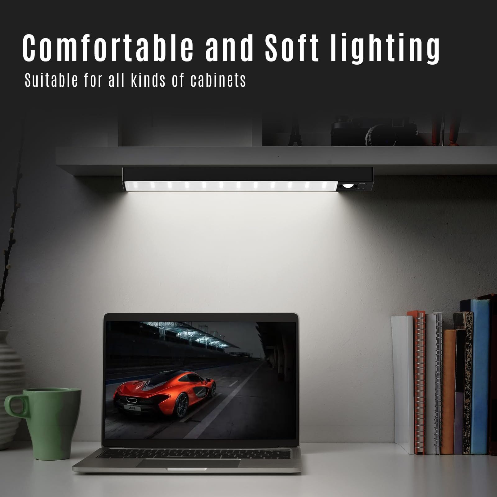 LQWELL LED Unterbauleuchte mit Bewegungsmelder, Dimmbar, Akku, USB-C Wiederaufladbar Schranklicht, LED fest integriert, Treppenlicht Nachttischlampe 22,5 cm, 1500 mAh, 22,5 cm, 1500 mAh, Schwarz, für Küche, Kleiderschrank, Schlafzimmer