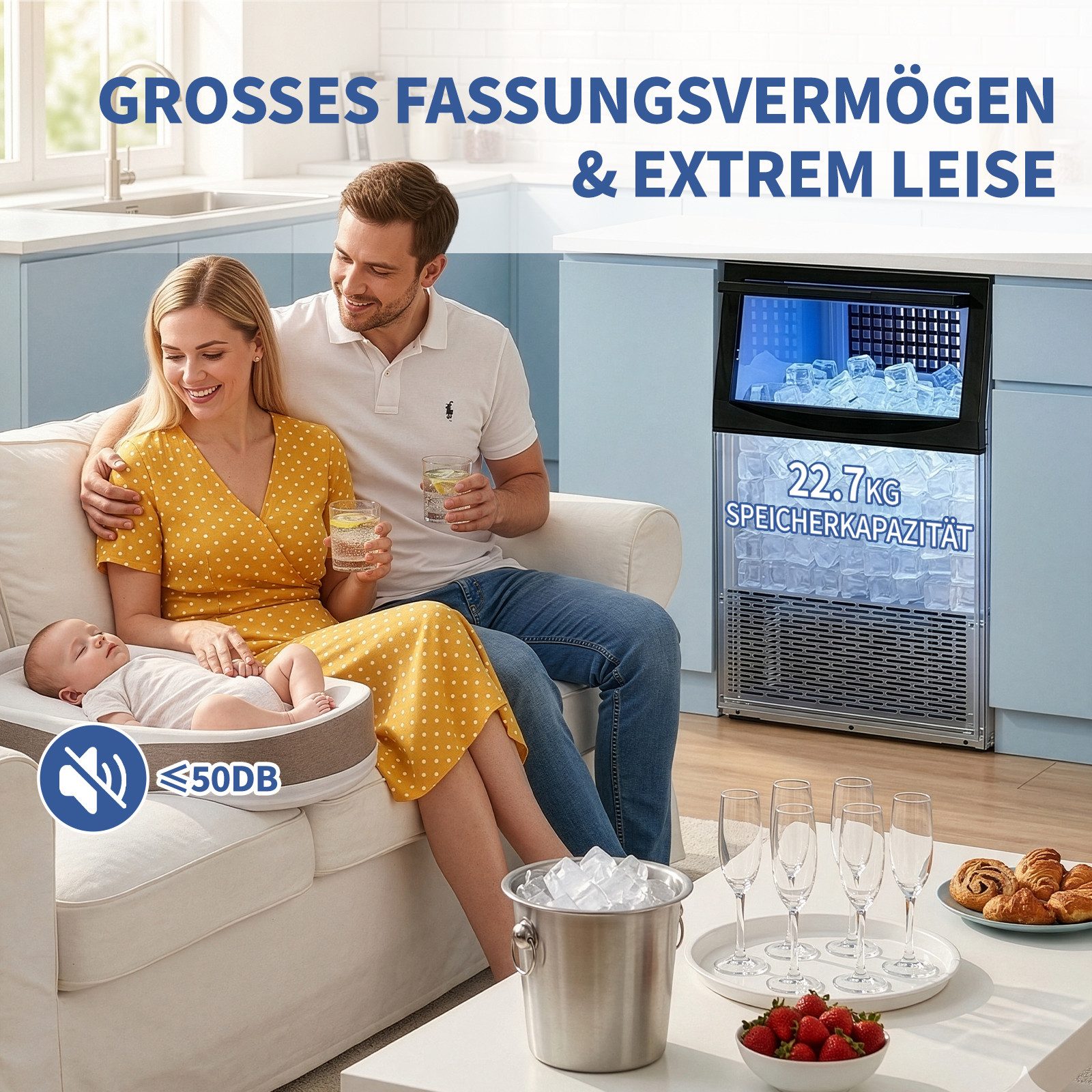 LALAHO Eismaschine Gewerbliche Eiswürfelmaschine, 50 kg/24 Std