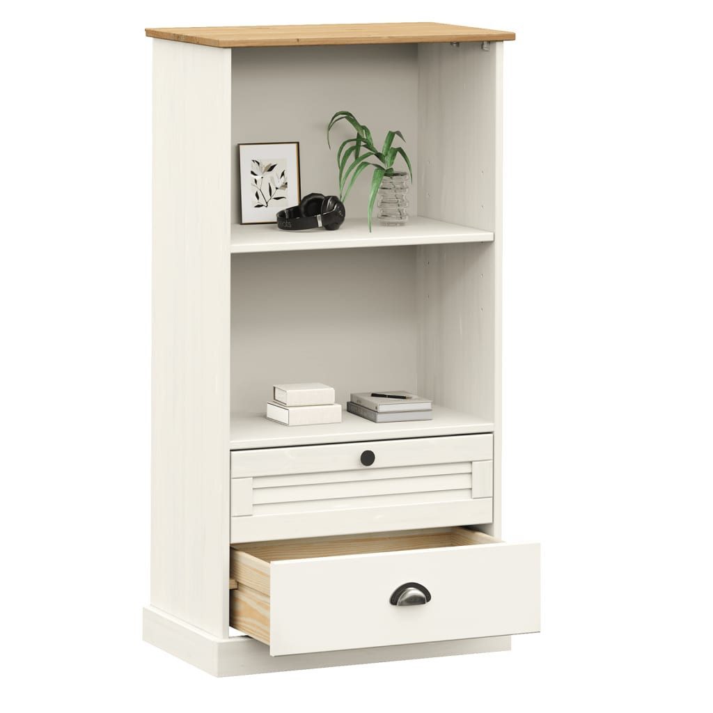 furnicato Bücherregal aus Massivholz, Weiß 60 x 35 x 114,5 cm, 1-tlg., Regalwand mit zwei Schubladen und Metallknöpfen aus Kiefernholz