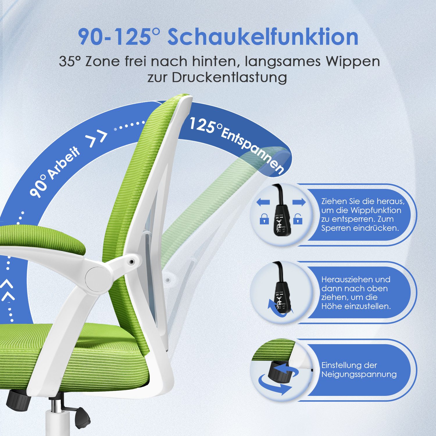 Adormii Bürostuhl Bürostuhl mit klappbaren Armlehnen,Ergonomischer Bürostuhl (Drehstuhl 360° mit Höhenverstellbarer Lendenwirbelstütze,Verstellbarer gepolsterten Armlehnen,Wippfunktion bis 125°,geräuscharmen Rollen,Höhenverstellbar), Atmungsaktiver Netzbezug, Hochwertiger Schaumstoff,Bis 150 kg