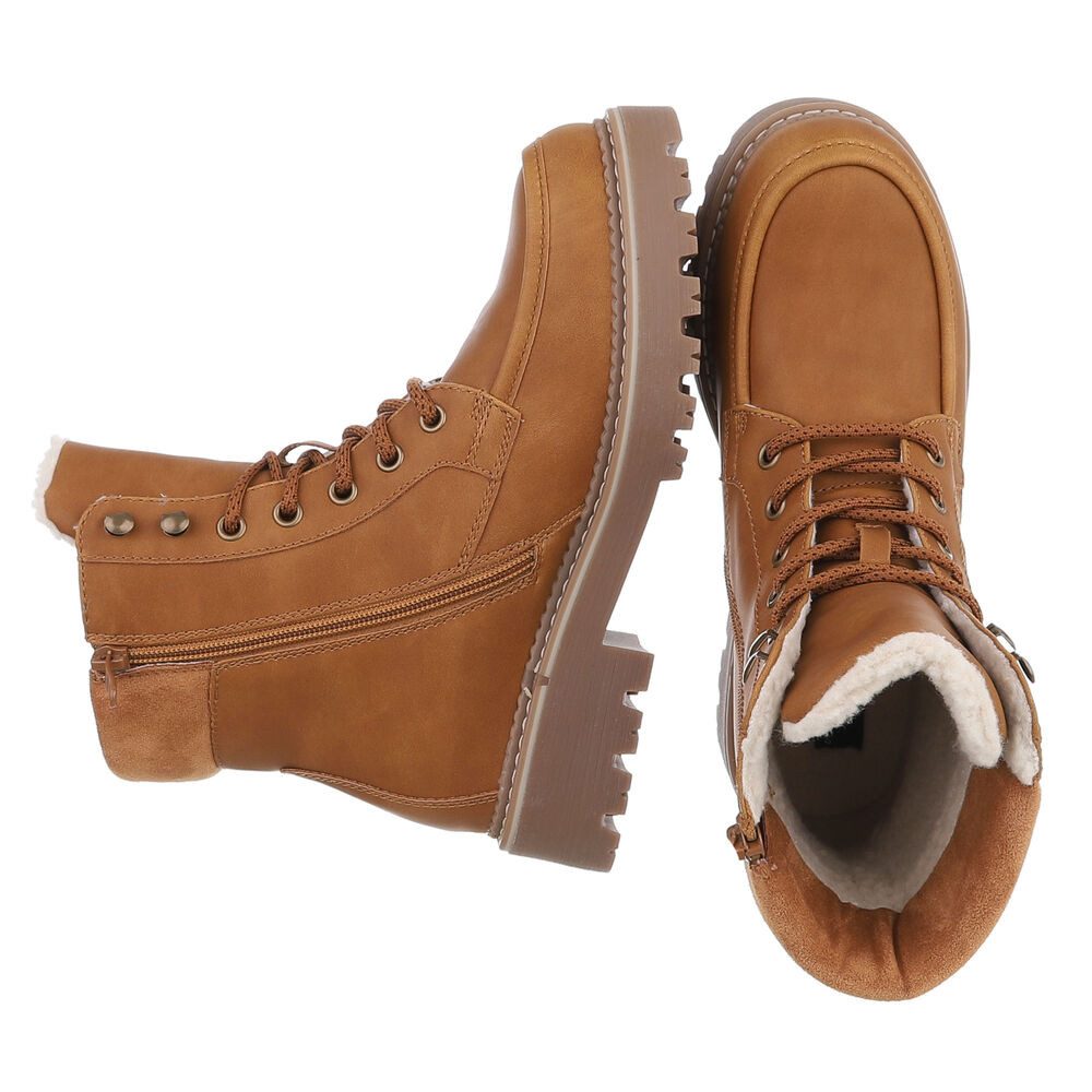 Ital-Design Damen Schnürstiefel mit Profilsohle und Reißverschluss Snowboots (92299784) Blockabsatz Plateaustiefeletten in Camel – Bild 2 von 5