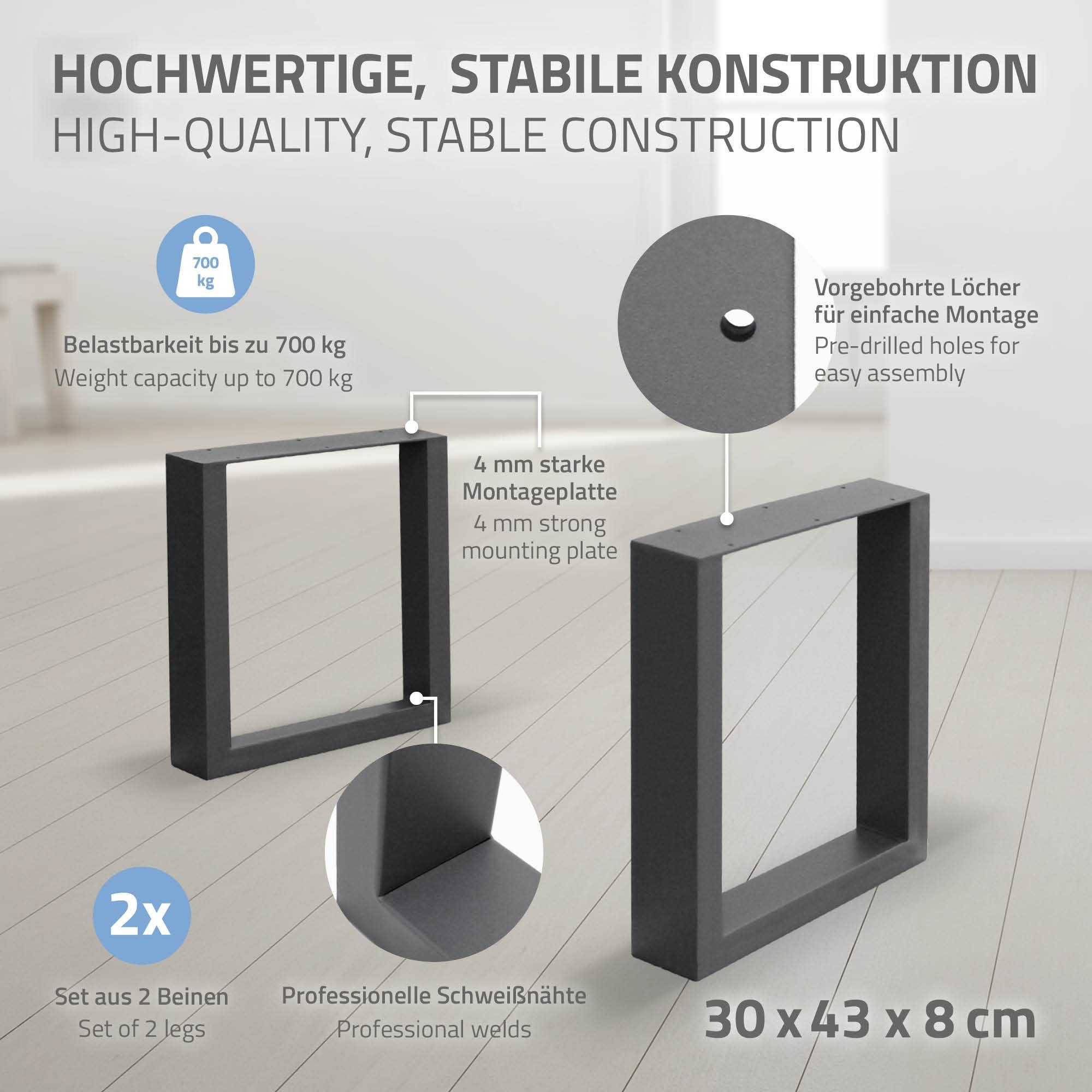 Metall Tischbein Set Möbelfüße, 30x43cm Tischuntergestell Anthrazit Stahl 2er Tischgestell Tischkufen Germany ECD Industriedesign