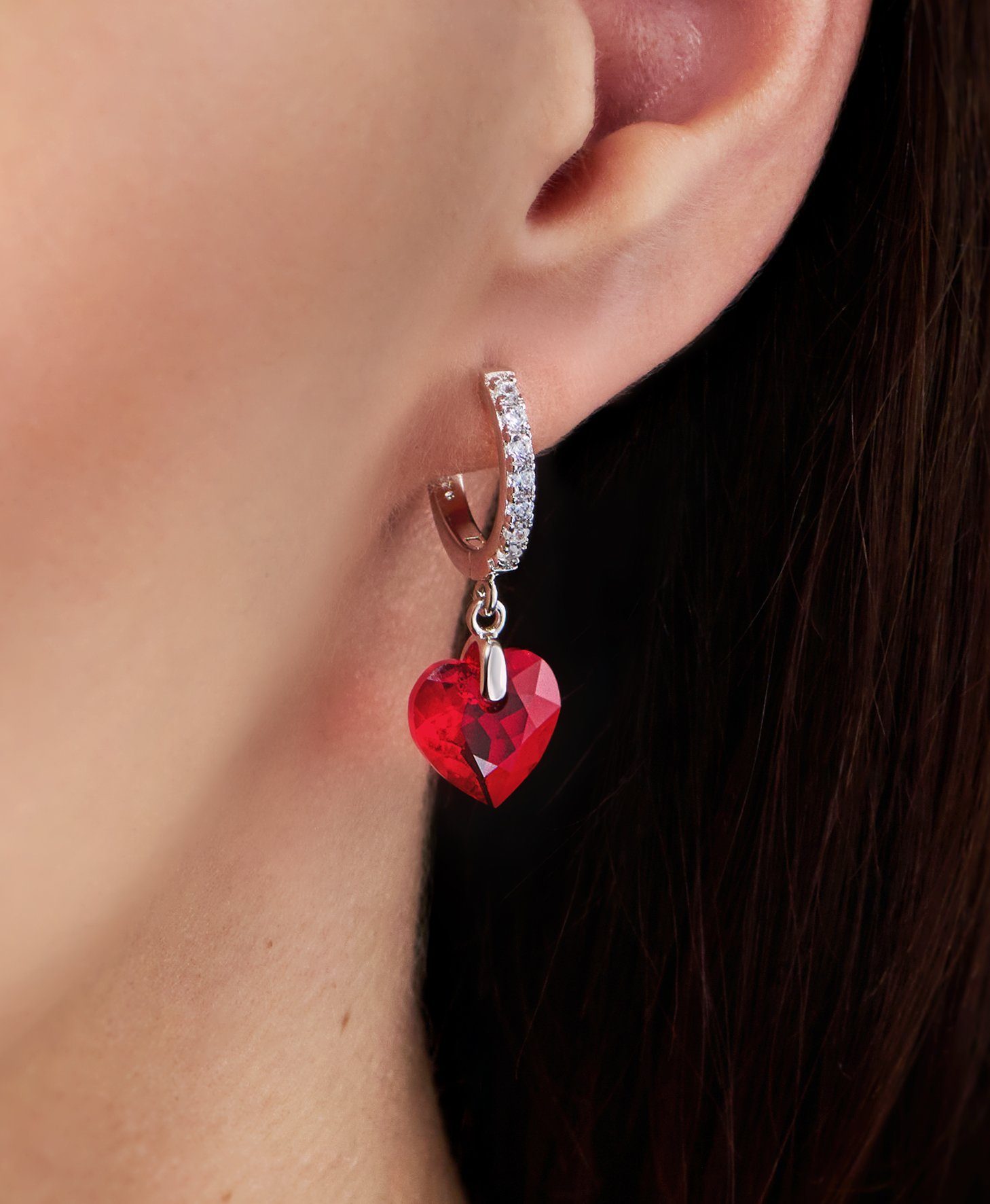 mit Ohrringe hängend Schöner-SD Markenkristall Kristalle Herzohrringe, Zirkonia, Ohrhänger Silber 925 Herz Paar mit rote