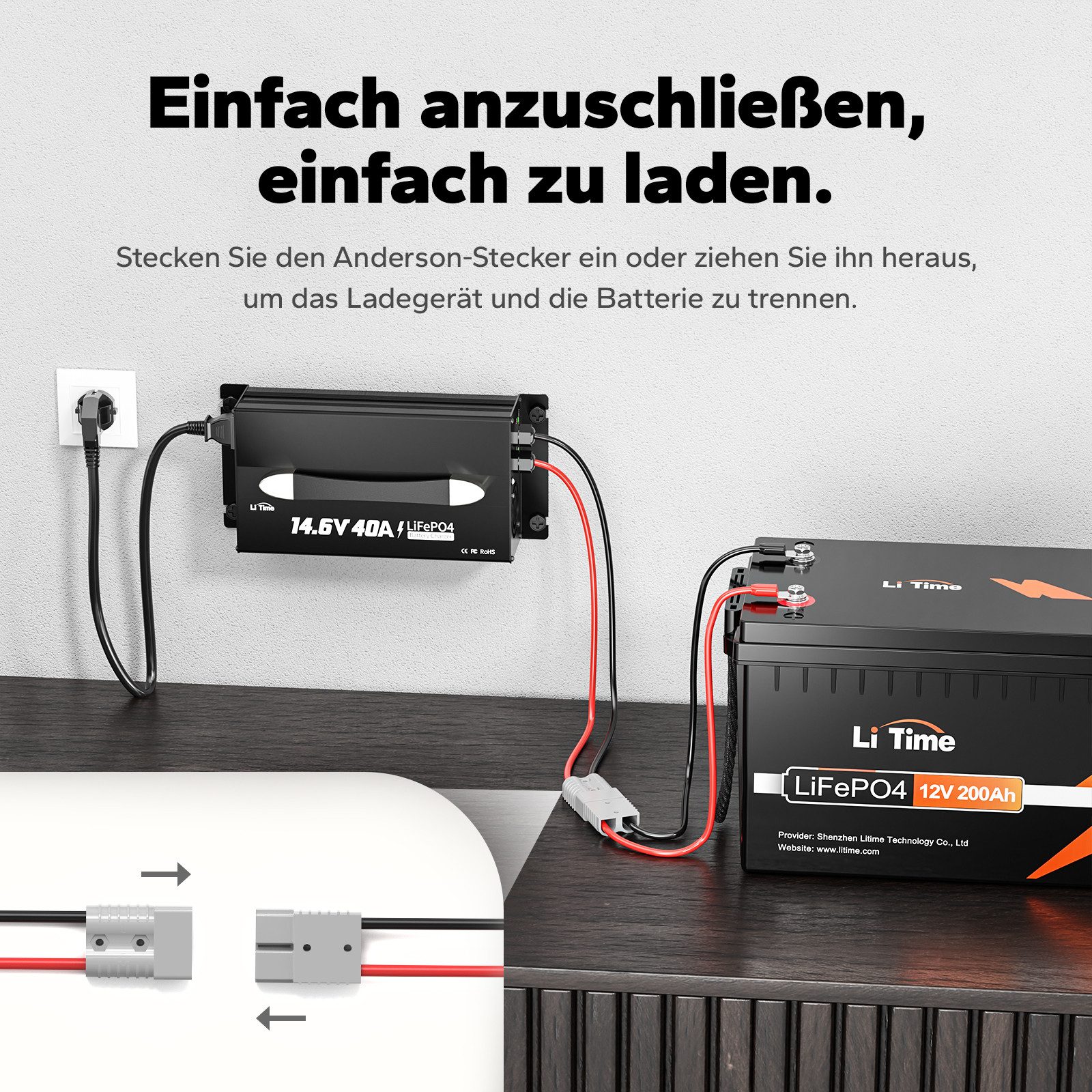 LiTime LiTime 14.6V 40A LiFePO4 Batterieladegerät mit Handgriff Akku-Set (1 St), AC 100-240 V Eingang, geeignet für 12V LiFePO4 Batterie