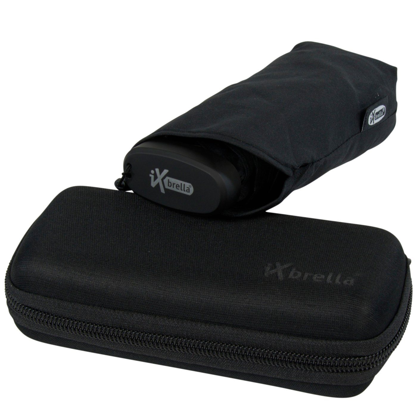 iX-brella Taschenregenschirm Ultra Mini 15 cm winziger Schirm im Handy Format, ultra-klein, mit Softcase-Etui - schwarz | Taschenschirme