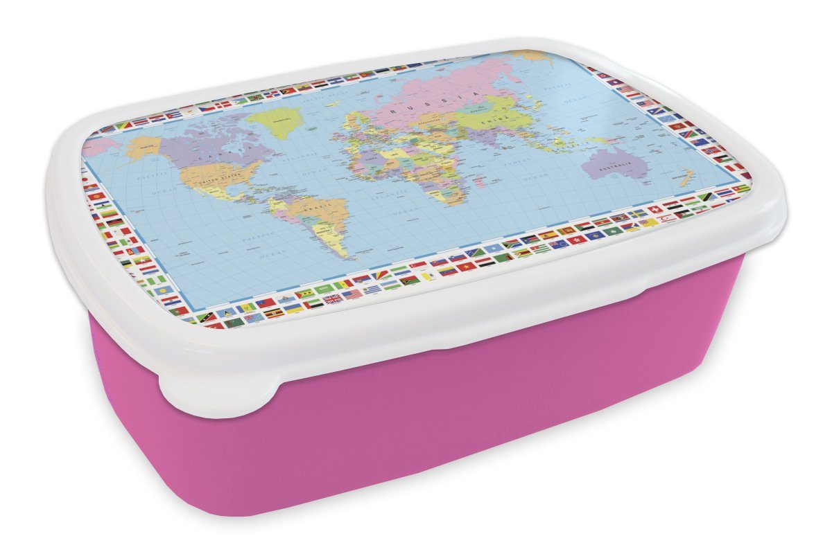 MuchoWow Lunchbox Weltkarte - Flagge - Atlas, Kunststoff, (2-tlg), Brotbox für Erwachsene, Brotdose Kinder, Snackbox, Mädchen, Kunststoff rosa