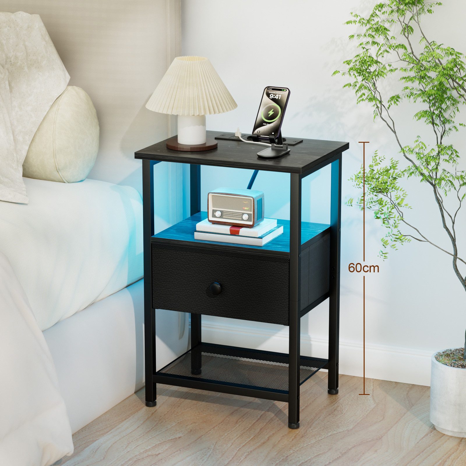 AMHANCIBLE Nachttisch mit Ladefunktion & LED-Beleuchtung, 40 x 30 x 60 cm (1-St), Kompakter Beistelltisch mit 1 Schublade für Schlafzimmer & Wohnzimmer