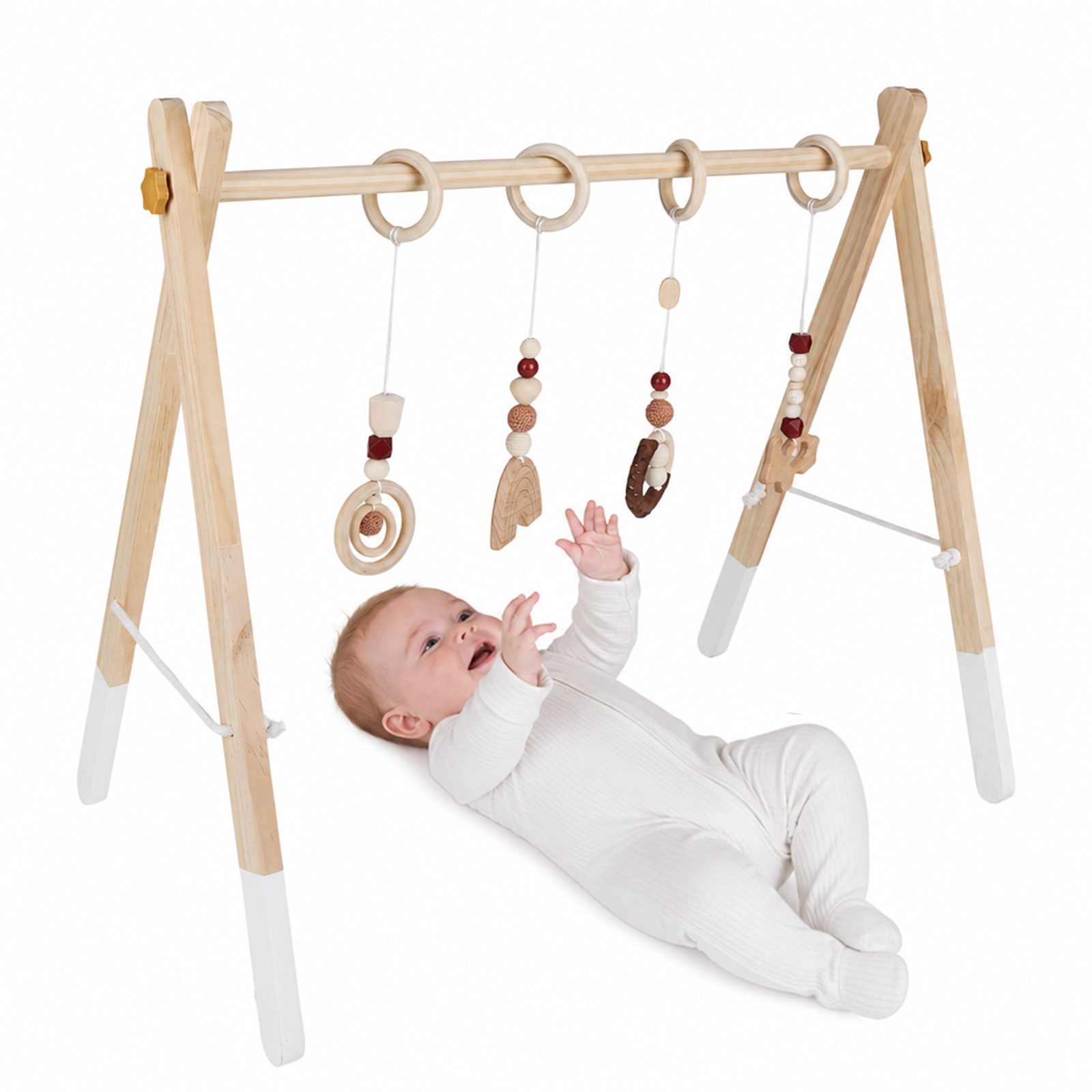 JEOBEST Baby Gym Spielbogen & Anhänger für Babys, Spielbogen Baby Holz, Spieltrapez Neugeborene Sensorisch, Naturholz Kiefer