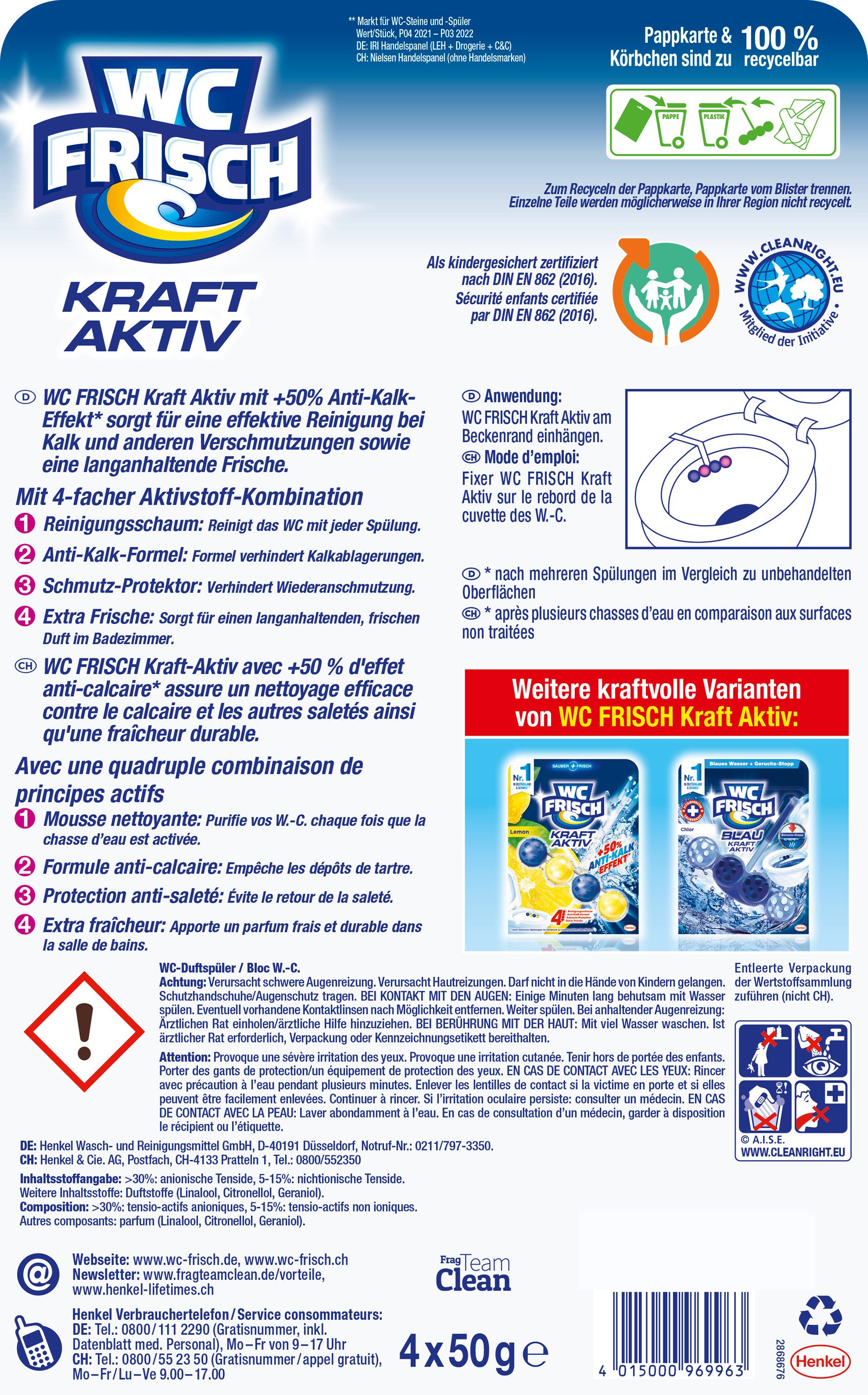 WC Frisch WC FRISCH Duftspüler Blüten-Frische 200g Kraft Aktiv WC-Reiniger (Mega-Pack, [4-St. Duftsteine für langanhaltend frischen Duft 50% Anti-Kalk Effekt)