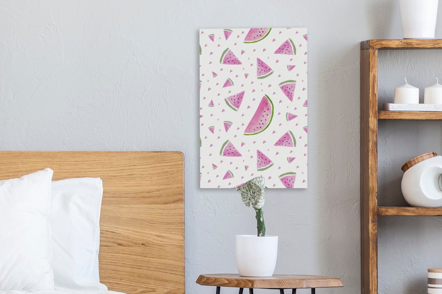 (1 cm Zackenaufhänger, fertig inkl. - Wassermelone Leinwandbild Pastell, bespannt St), - Gemälde, OneMillionCanvasses® Leinwandbild Aquarell 20x30