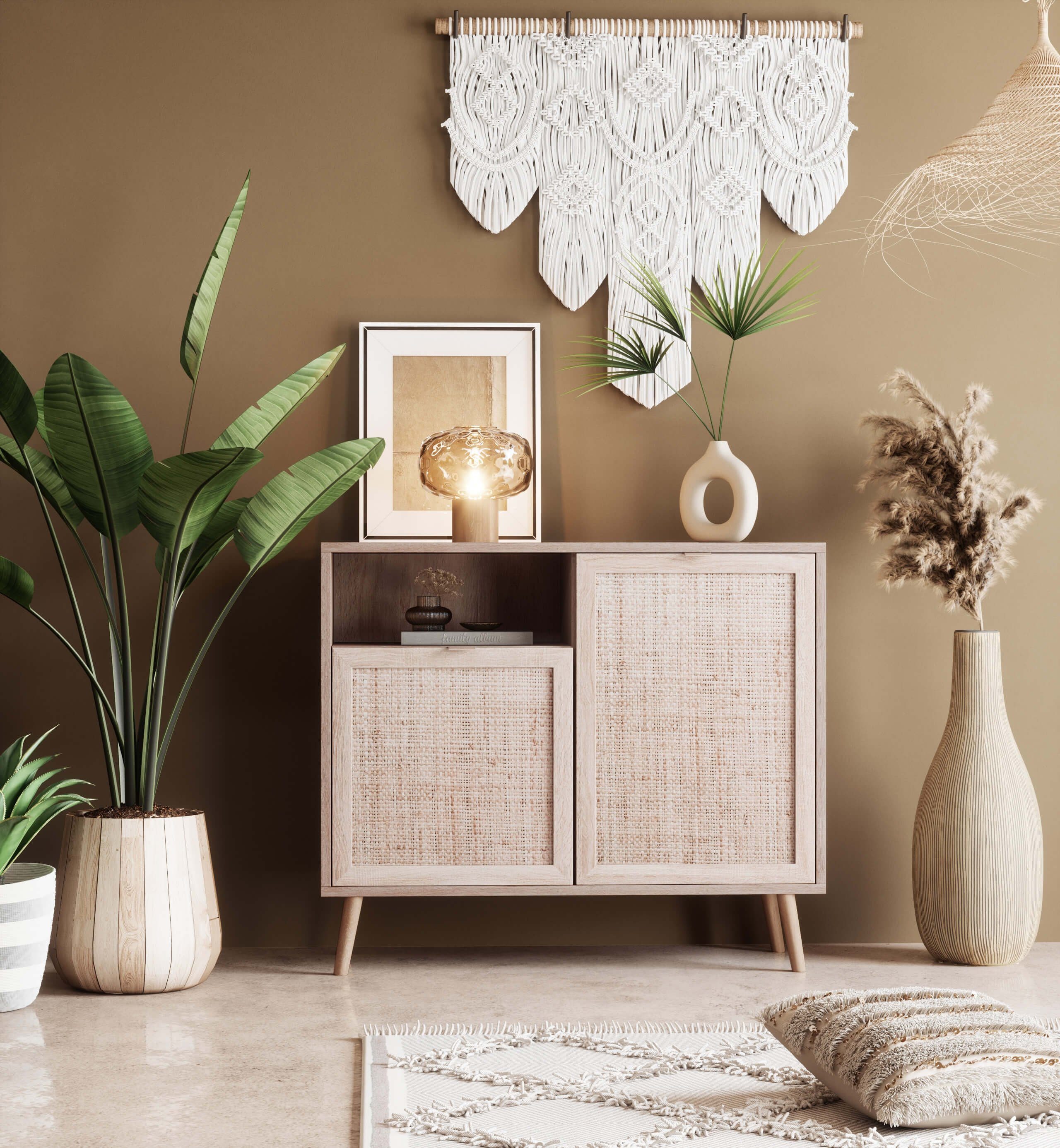 Newroom Sideboard Mila, Kommode Sonoma Eiche Rattan Modern Boho Skandinavisch Highboard