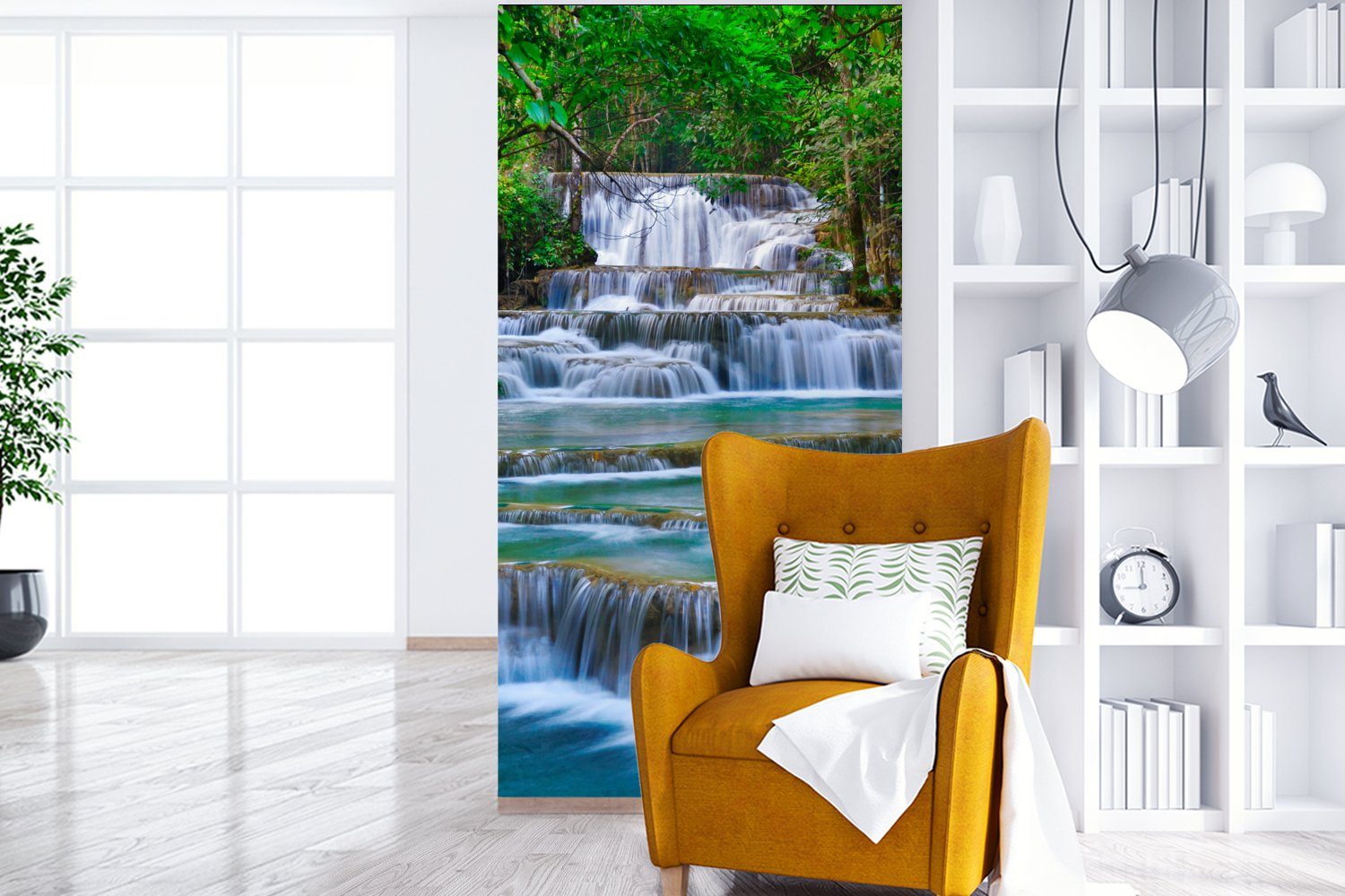 MuchoWow Fototapete Wasserfall - Bäume - Schlafzimmer Wohnzimmer Dschungel, Natur (2 Matt, für bedruckt, Fototapete - St), Vliestapete Küche