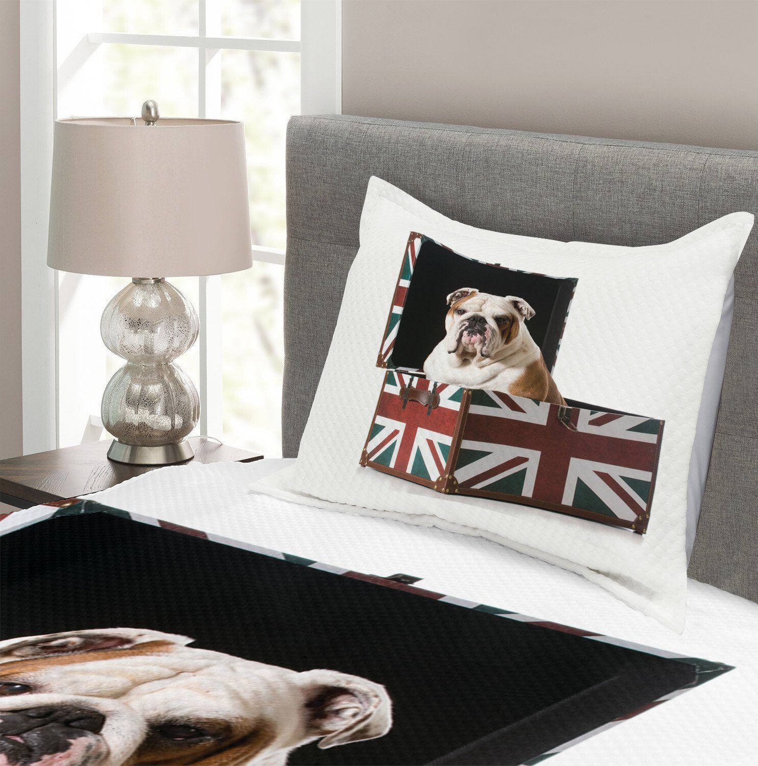 Set Bulldogge Dog Patriotic Kissenbezügen Abakuhaus, Tagesdecke Englische Waschbar, mit