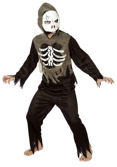 Karneval-Klamotten Kostüm Skelett Kinder mit Totenkopf Maske, Halloween Kinderkostüm schwarz mit weißen Knochen Aufdruck