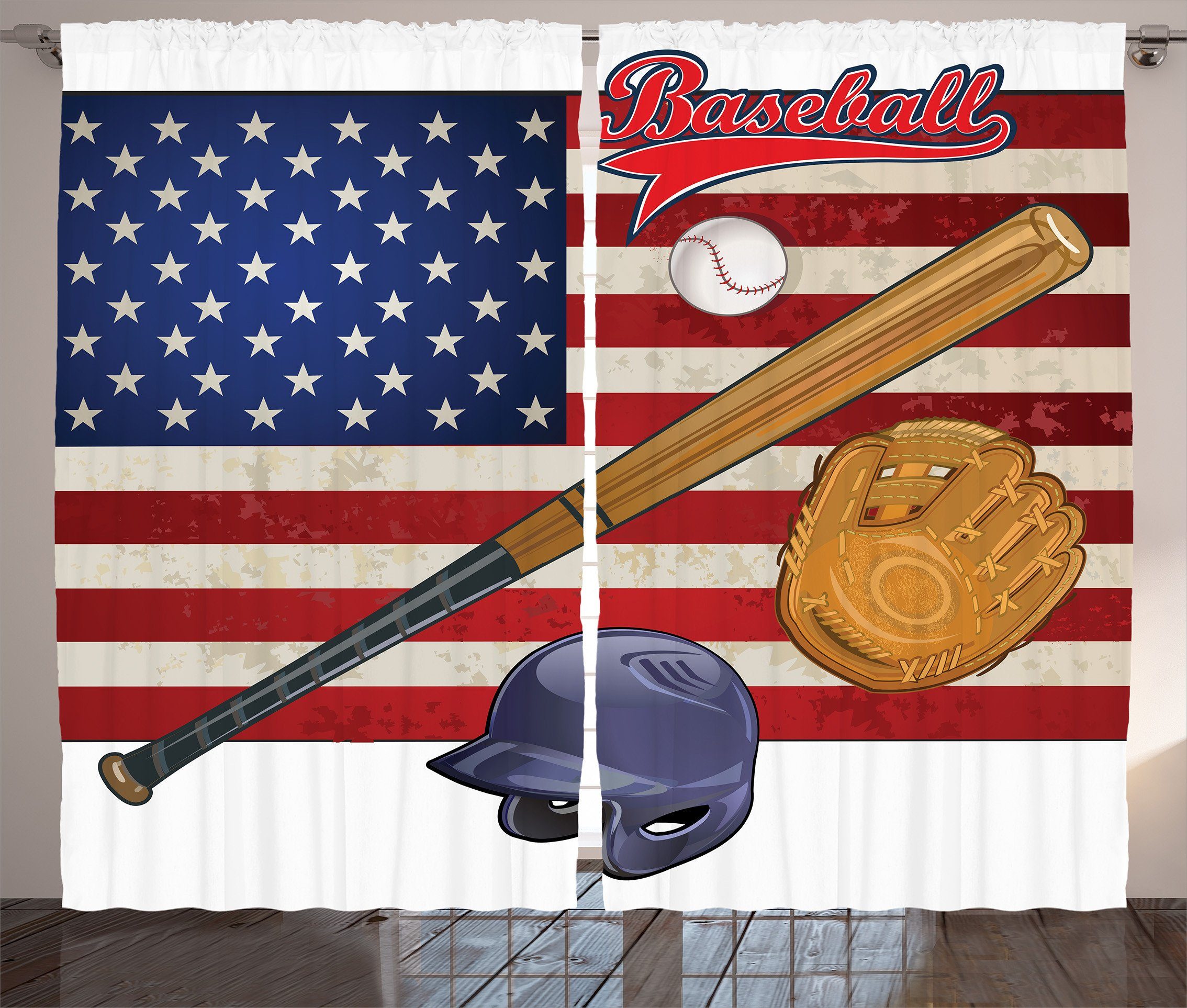 Baseball und amerikanisch Vorhang Abakuhaus, Kräuselband USA-Flagge und Schlaufen Gardine mit Haken, Schlafzimmer