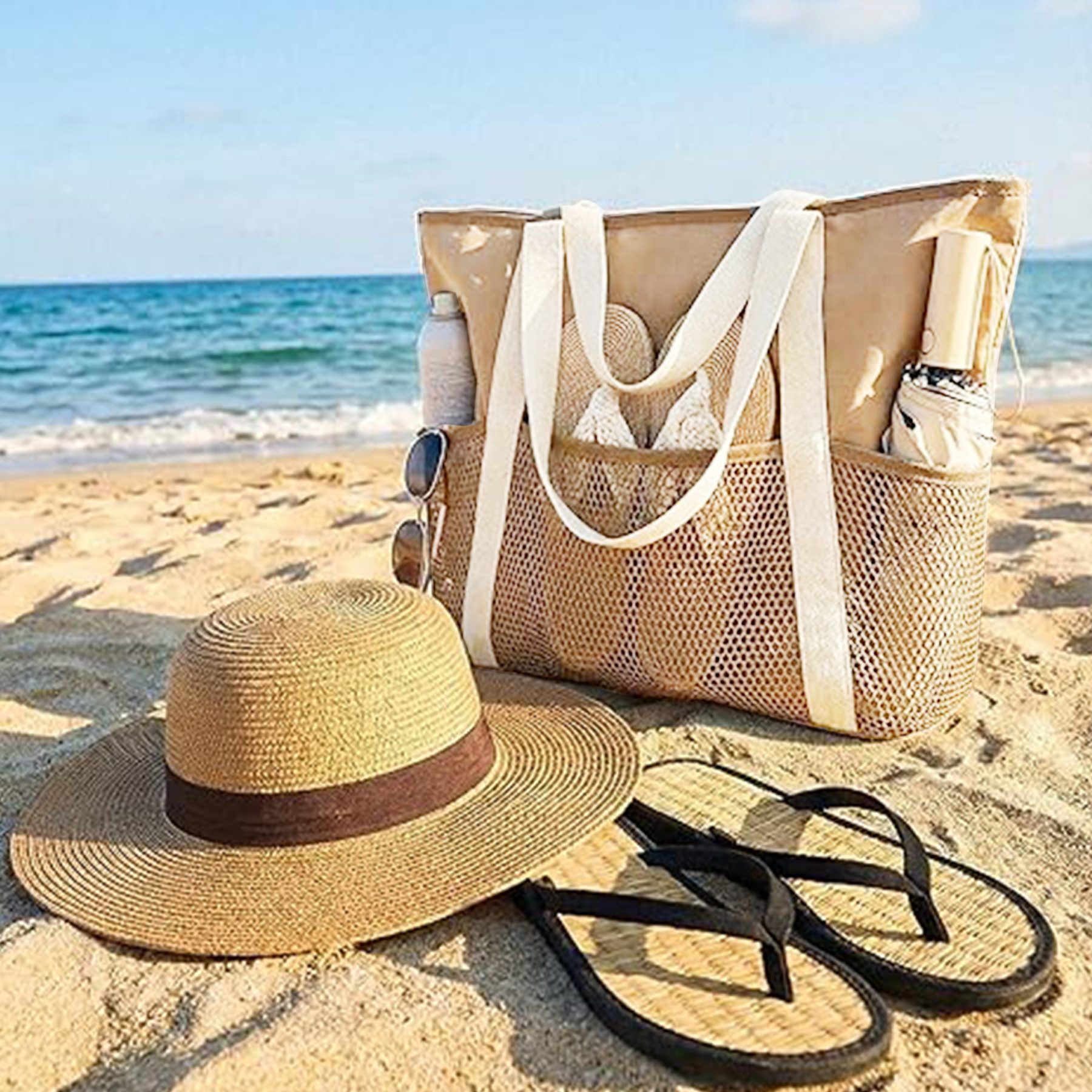 Mutig Strandtasche Strandtasche XL Familie,Groß Strandtasche reisetasche damen shopper (handtaschen damen groß mit Reißverschluss Wasserdicht Sanddicht, schwimmtasche, Umhängetasche Damen, 30L, Faltbar, Ultraleicht, Badetasche), für Urlaub Reisen Fitnessstudio Picknick & Familie