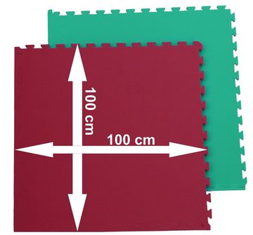 ELLUG Kampfsportmatte 10er Set Sportmatte 2cm mit Randstücken Grün-Rot 1mx1m, wasserdicht, wärmeisolierend, feuchtigkeitsabweisend, erweiterbar