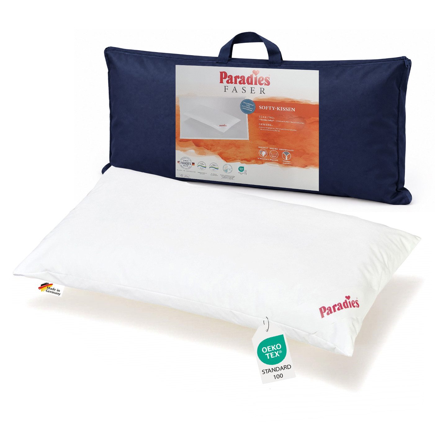 Paradies Kunstfaserkopfkissen Paradies Softy Kopfkissen Kissen Faserkissen Kuschelkissen 40x80 60°, Füllung: 100% Faserbällchen, Bezug: 100% Baumwolle, Seitenschläfer, Bauchschläfer, Rückenschläfer