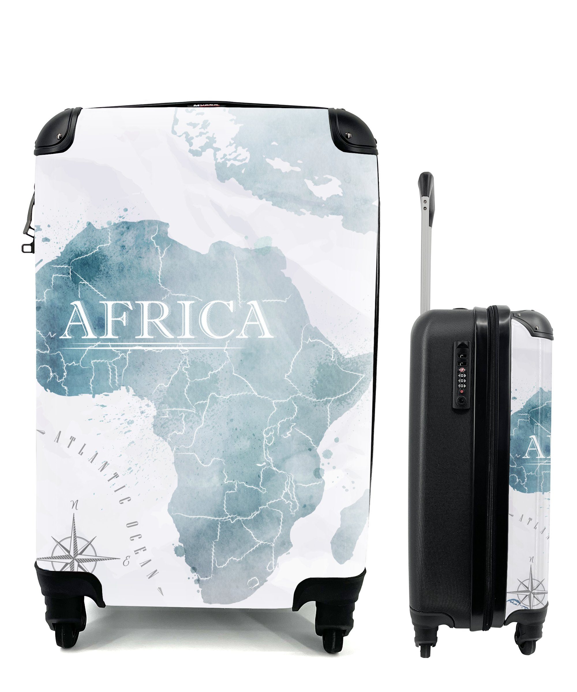 MuchoWow Handgepäckkoffer Weltkarte - Afrika - Blau, 4 Rollen, Reisetasche mit rollen, Handgepäck für Ferien, Trolley, Reisekoffer