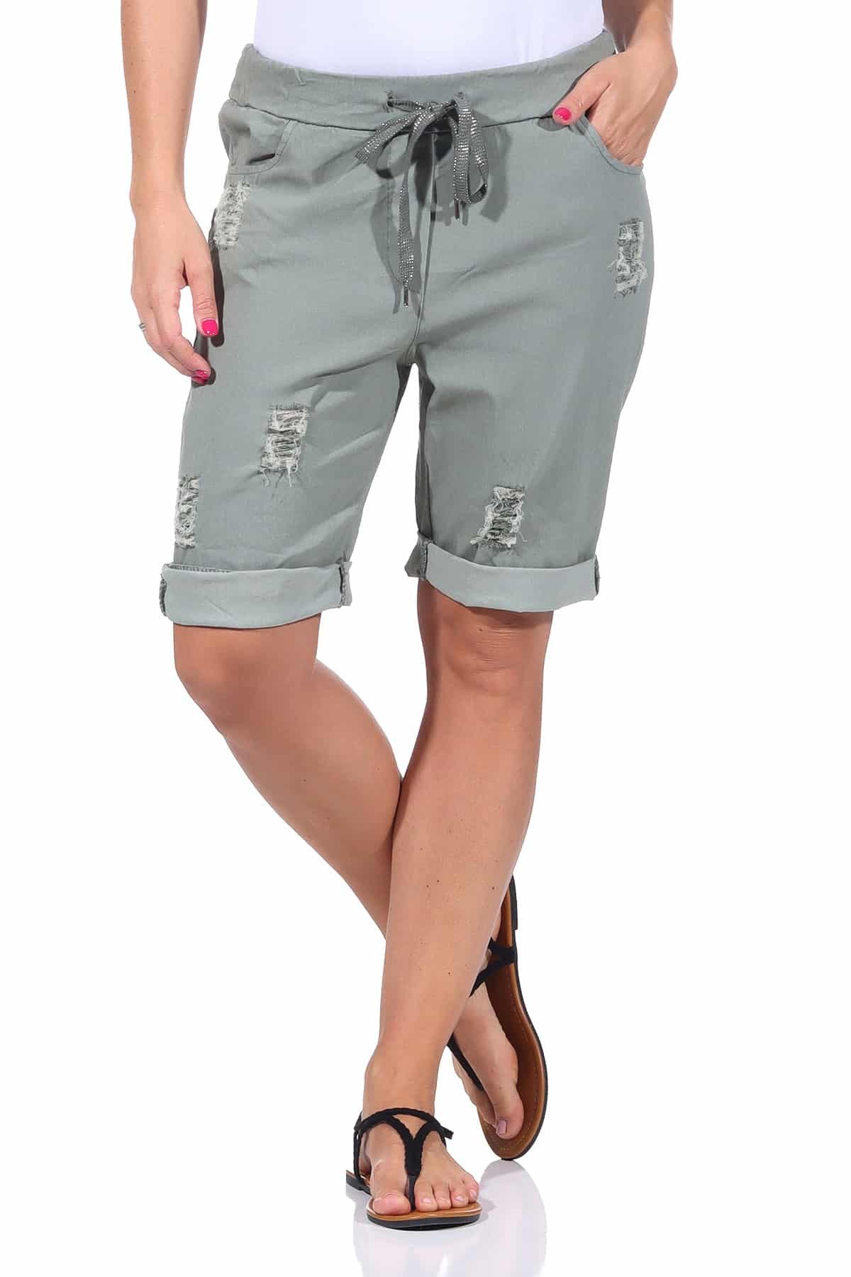 OriginalYou Bermudas Damen Bermuda kurze Sommer Hose im Distressed Look Knitterlook, mit Gummibund & Kordelzug, 38/40 bis 44/46 erhältlich