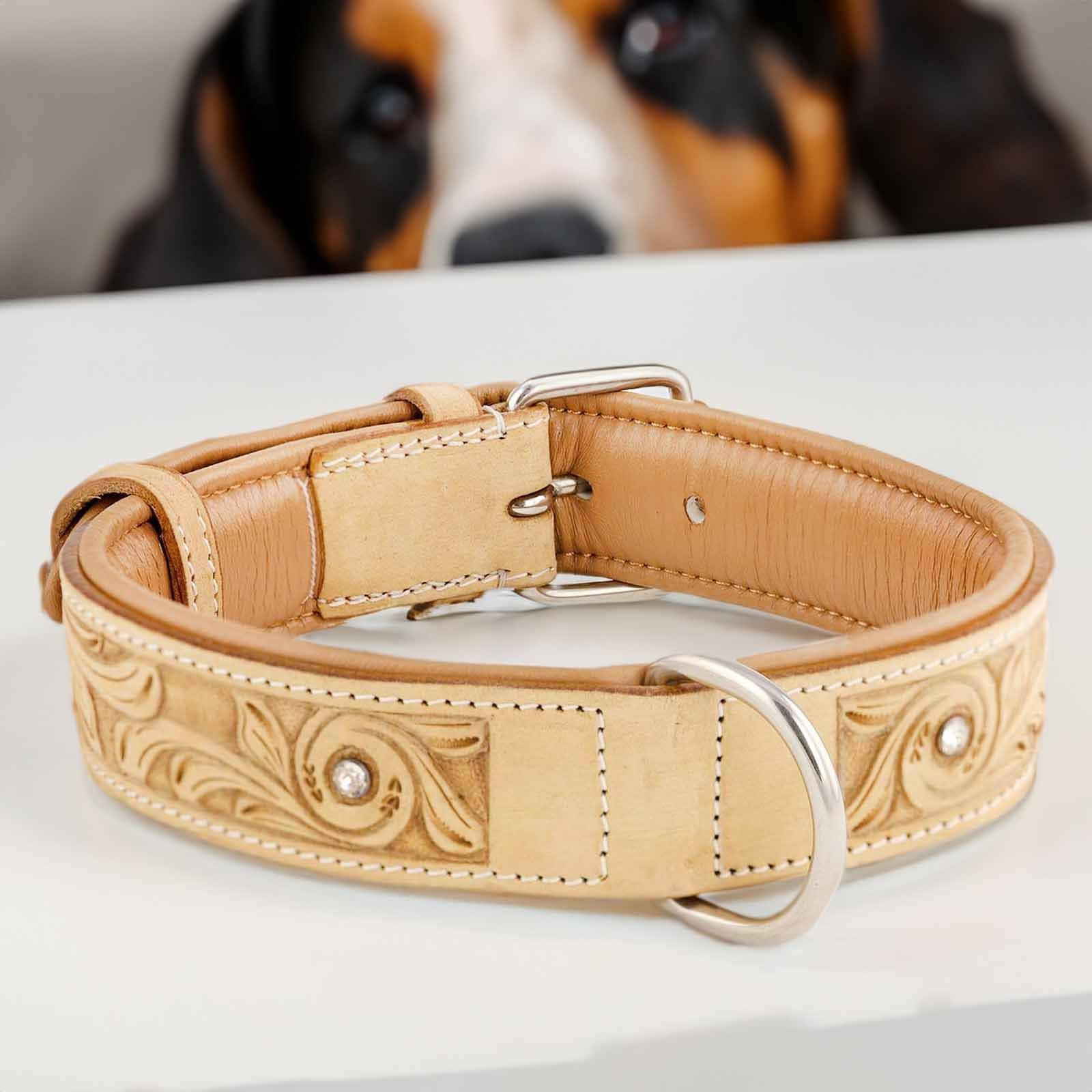 Monkimau Hunde-Halsband Hundehalsband aus Leder handgeschnitzt und 4 Kristallen, Leder