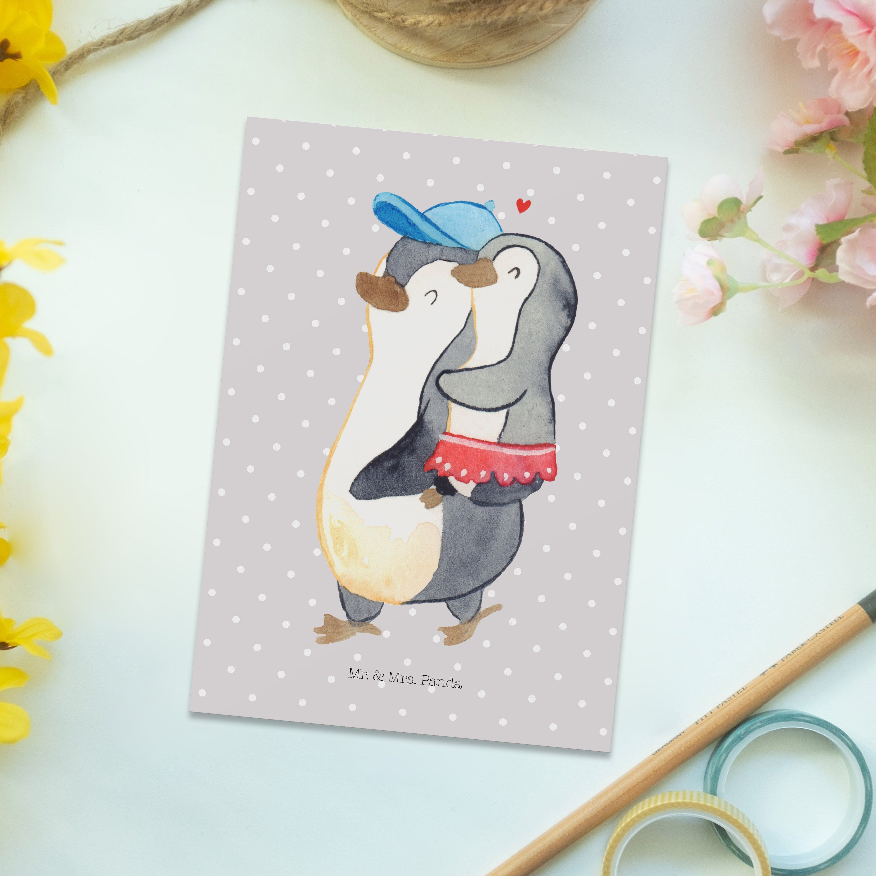 Mr. & Mrs. Panda Pastell Pinguin Schwester Va Ansichtskarte, Geschenk, - Kleine Postkarte Grau 