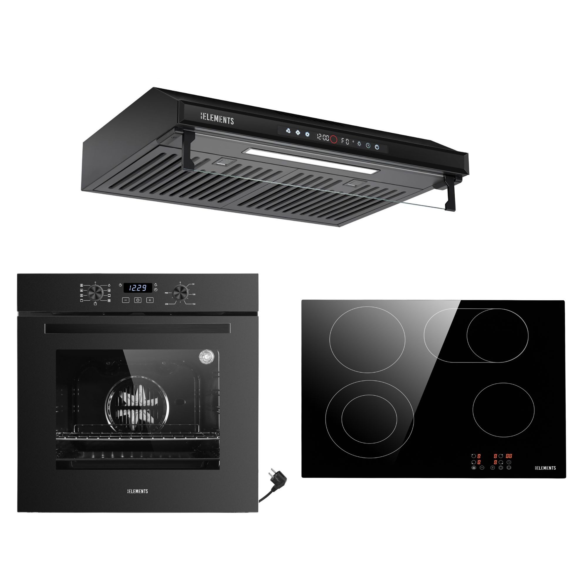KB Elements Backofen-Set Einbaubackofen 60 cm mit 4-Zonen Glaskeramik Kochfeld 60 cm, AQUA CLEAN, Aqua Clean, Circle Fan Heater, Flexzone