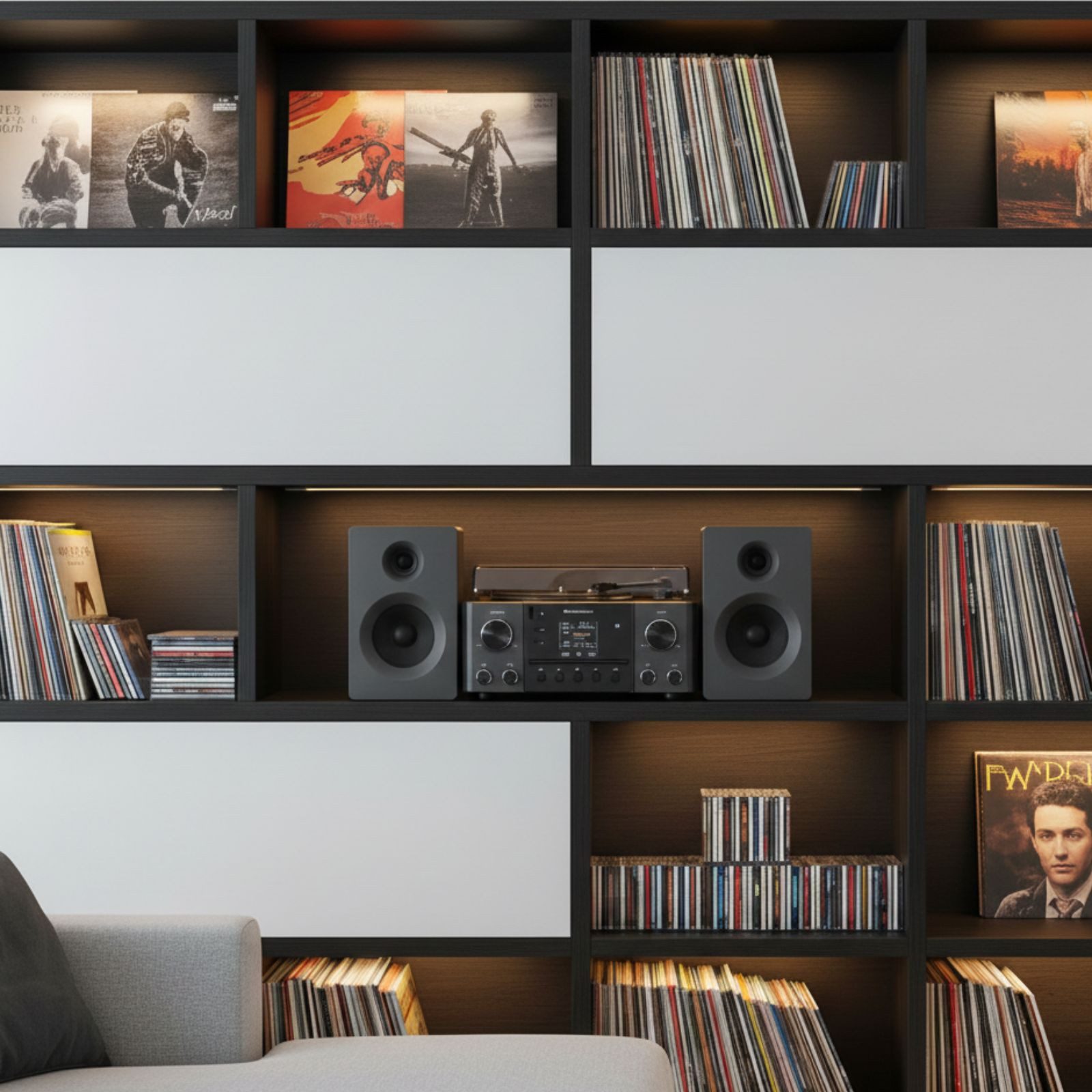 Soundmaster MCD1950SW Plattenspieler Stereoanlage DAB+ CD USB MP3 Bluetooth Multifunktionsspieler (Riemenantrieb, Weckerfunktion, Einschlaffunktion, 75 Ohm Antenne)