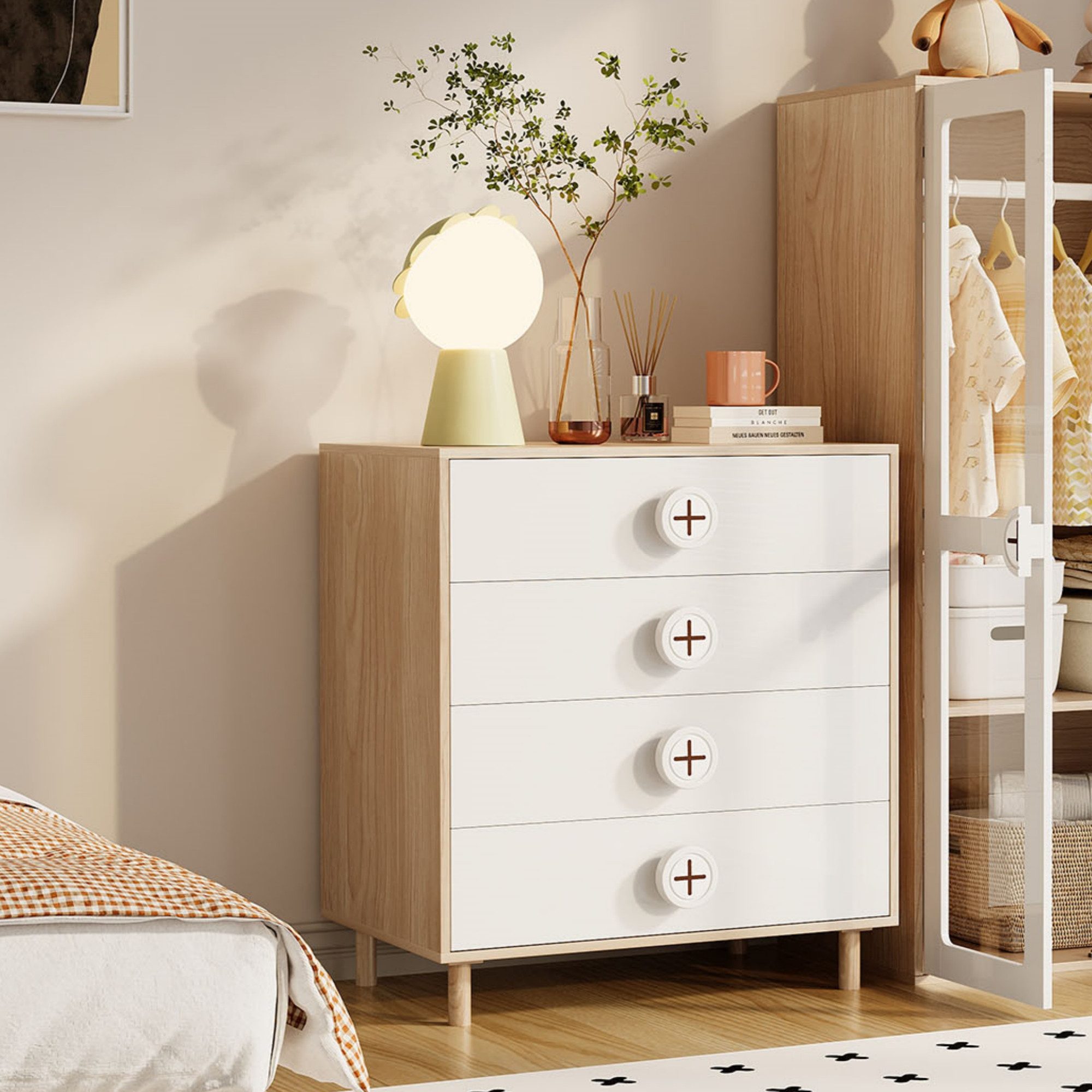 KEFEYA Kinderkleiderschrank für Kinderzimmer & Gästezimmer (Kommode mit 4 Schubladen, Kinderaufbewahrung mit Umfallschutz, vielseitiger Nachttisch für Schlafzimmer, Kinderzimmer & Jugendzimmer, Weiß/Natur, 1-St., 80x54x90cm)