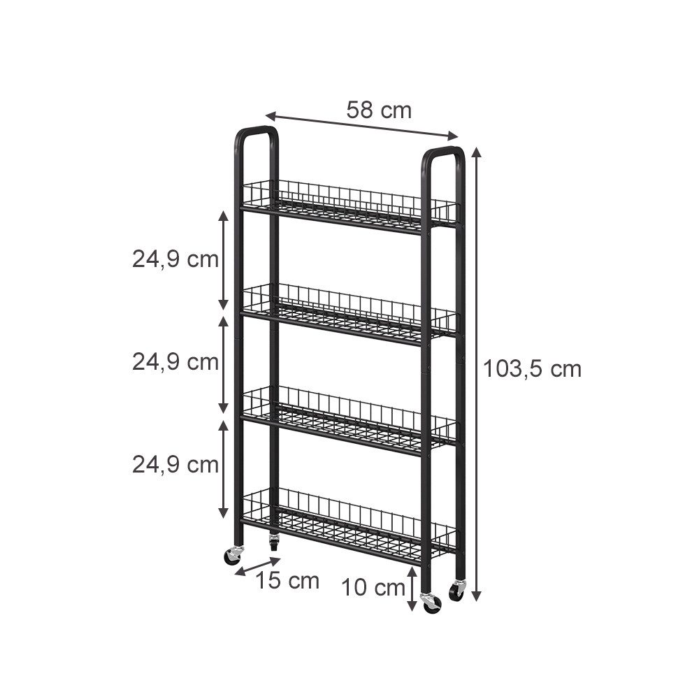 Vicco Rollcontainer Rolivo, Schwarz, 58 x 15 cm mit 4 Fächern