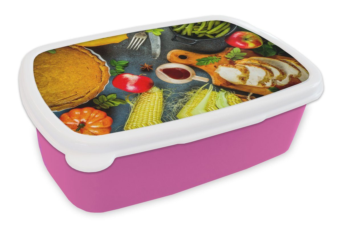 MuchoWow Lunchbox Gemüse - Gewürze - Besteck - Kuchen, Kunststoff, (2-tlg), Brotbox für Erwachsene, Brotdose Kinder, Snackbox, Mädchen, Kunststoff rosa